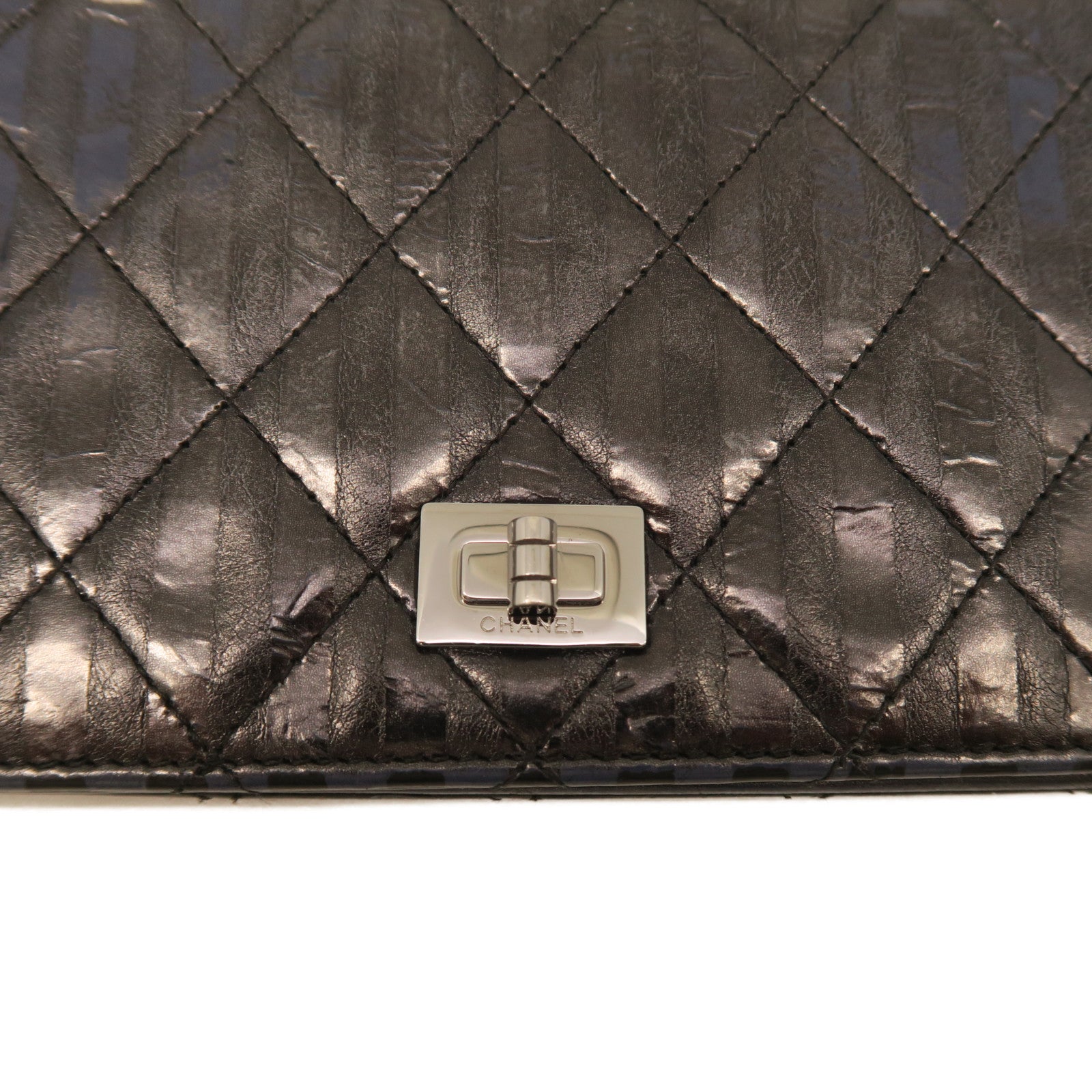 CHANEL rhombic cowhide leather 2.55 Long Wallet silver buckle long wallet black