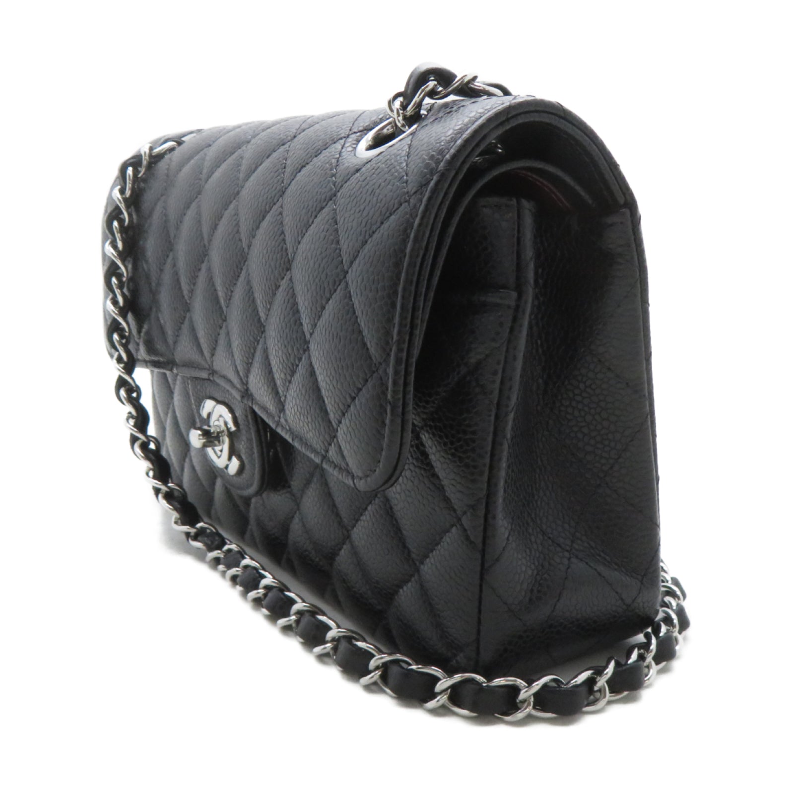 CHANEL 菱格Caviar皮革Classic 23cm銀扣鏈帶肩背袋黑色