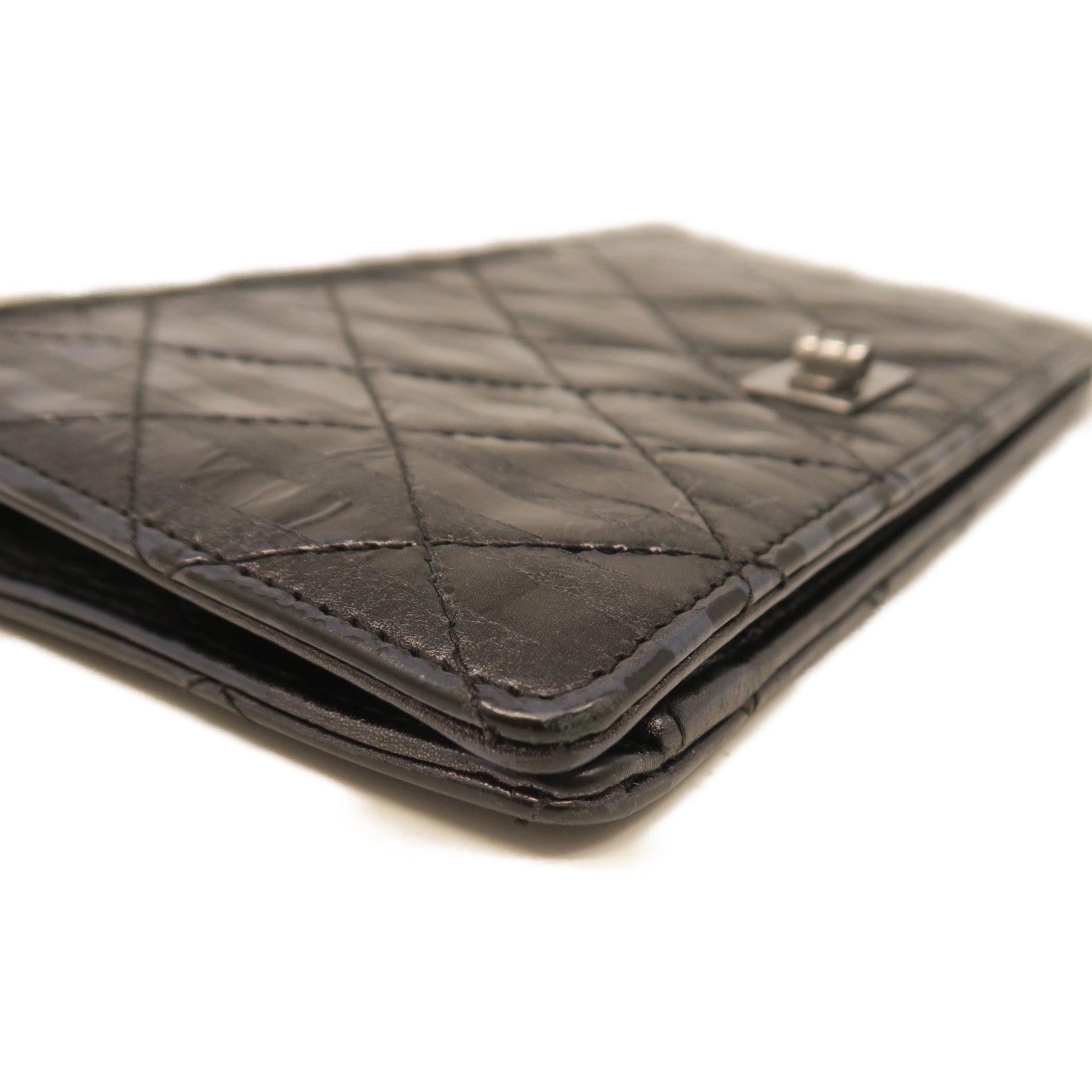 CHANEL rhombic cowhide leather 2.55 Long Wallet silver buckle long wallet black