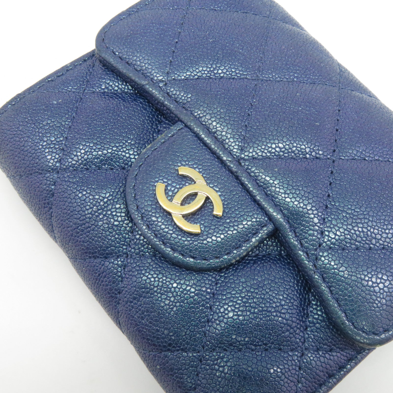 CHANEL 菱格牛皮皮革Wallet銀扣錢包藍色