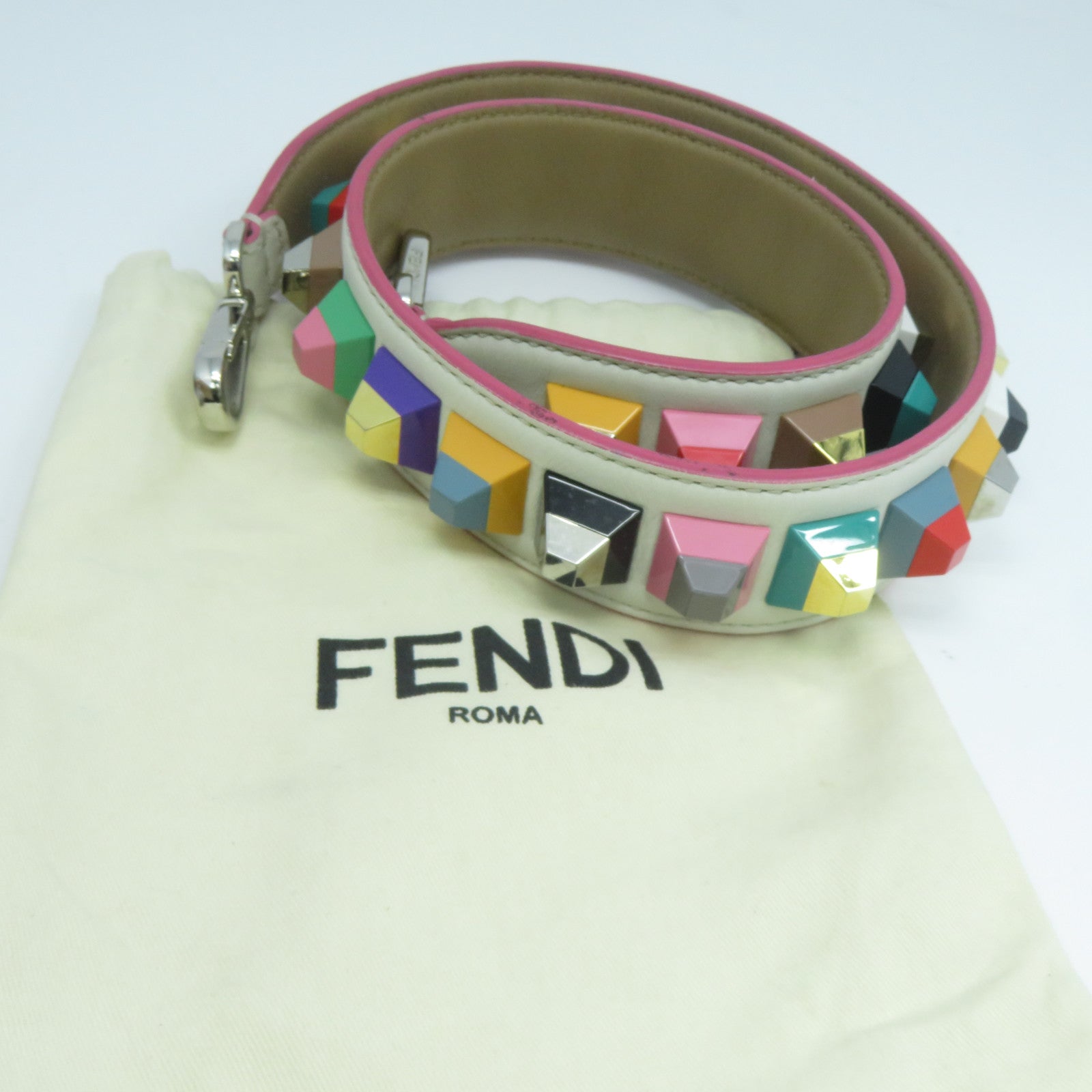 FENDI 牛皮皮革Shoulder Strap銀扣肩帶白色/彩色