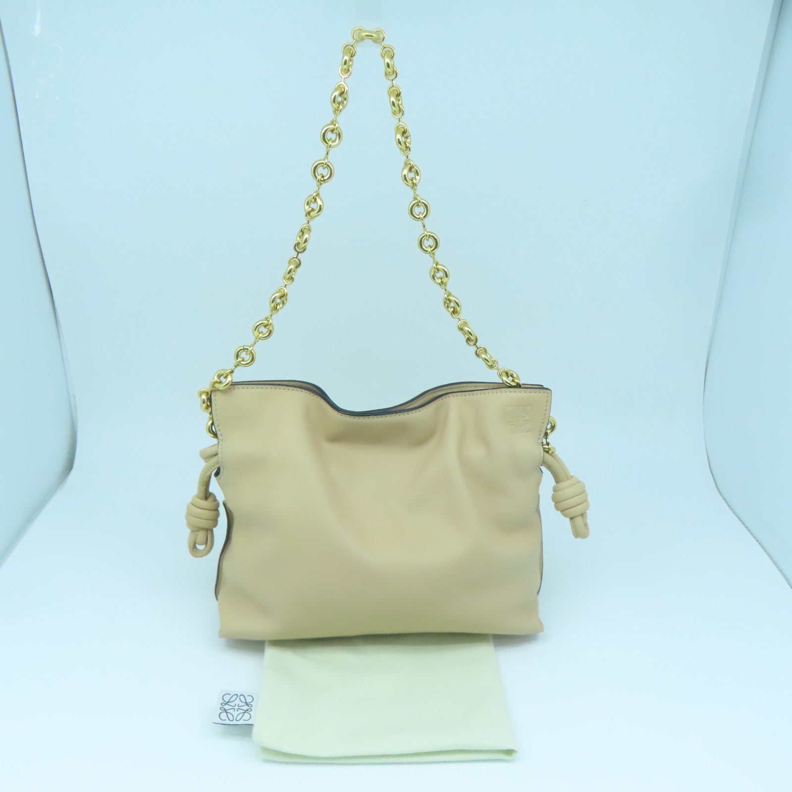 LOEWE Leather Clutch Flamenco Gold Buckle Chain Shoulder Bag Beige