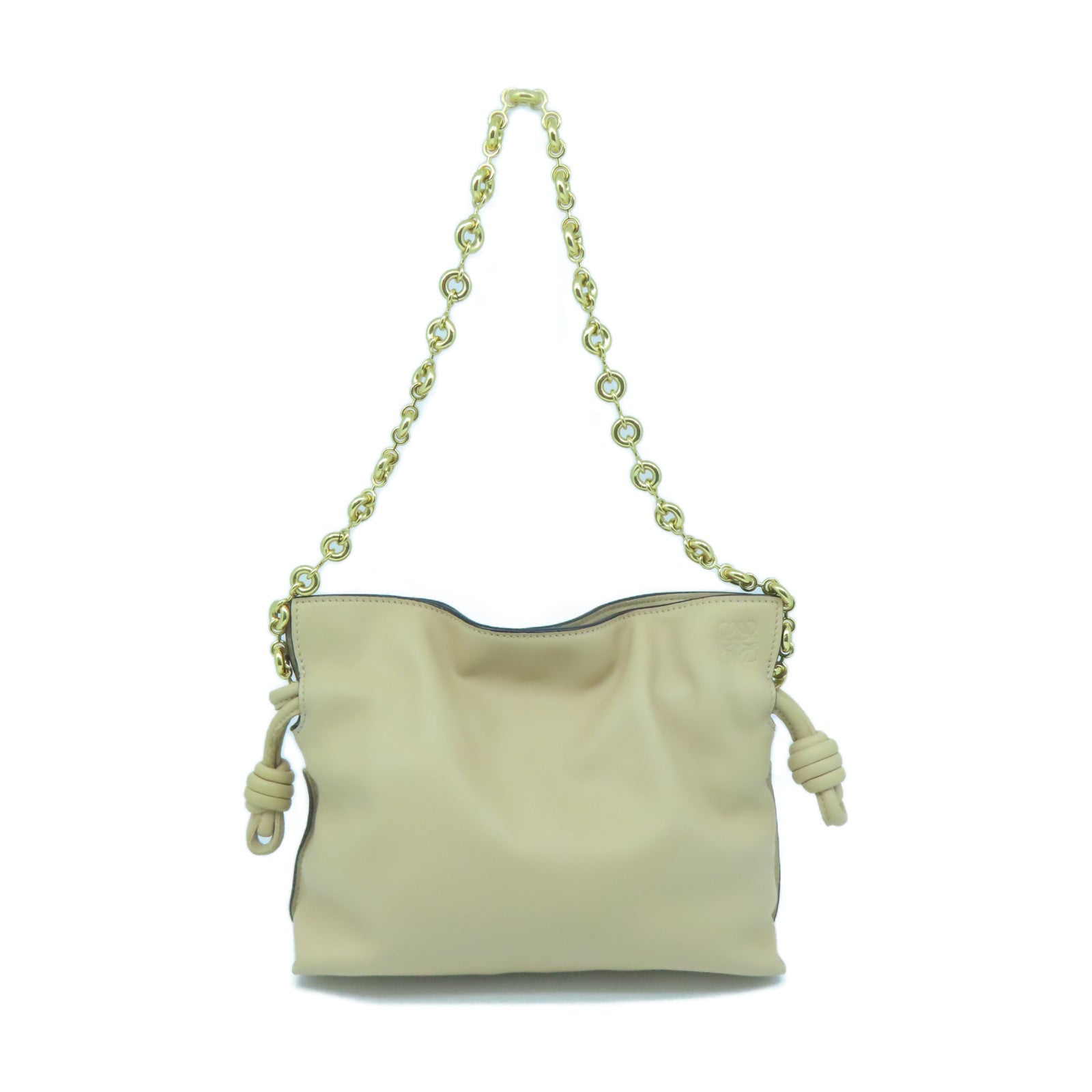 LOEWE Leather Clutch Flamenco Gold Buckle Chain Shoulder Bag Beige