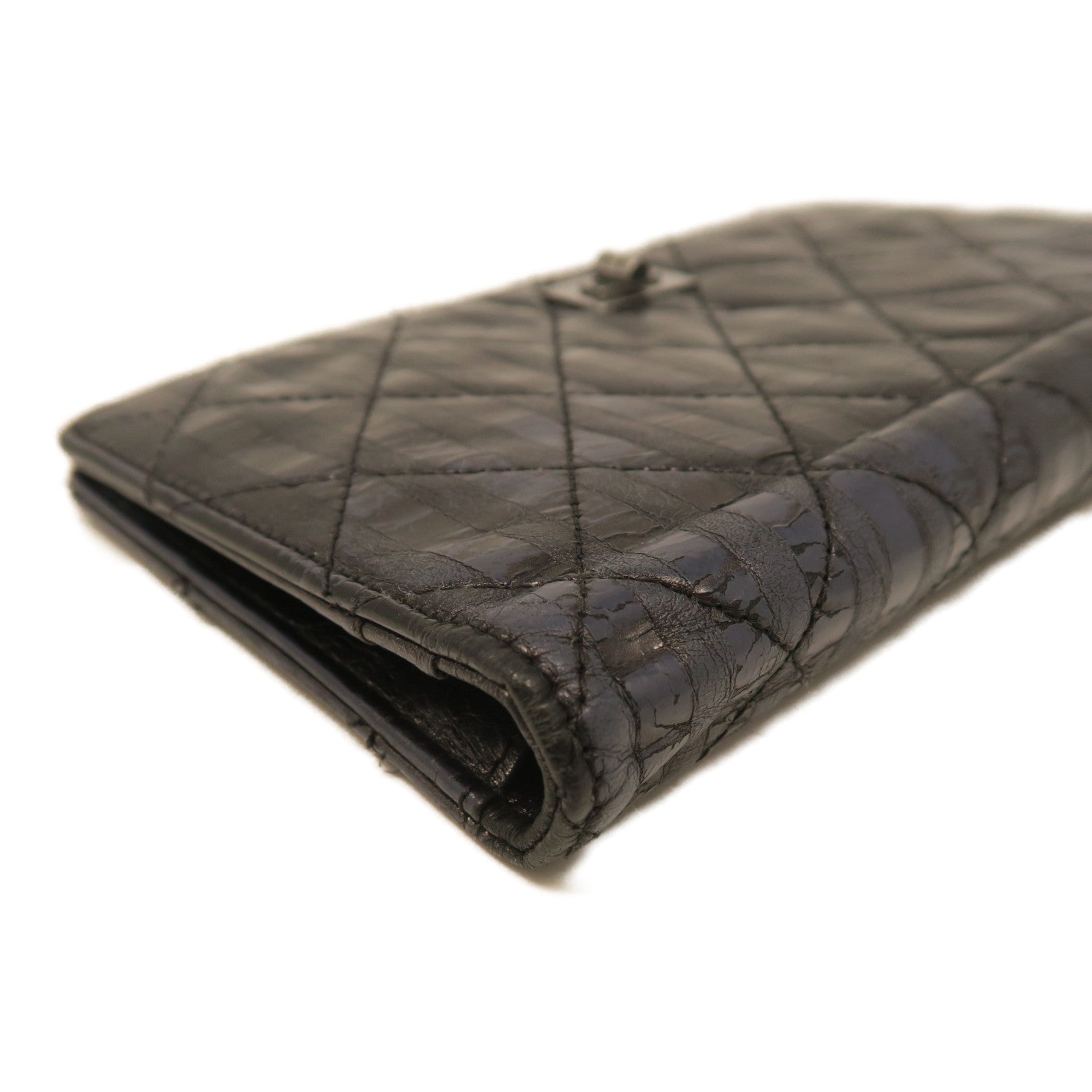 CHANEL rhombic cowhide leather 2.55 Long Wallet silver buckle long wallet black