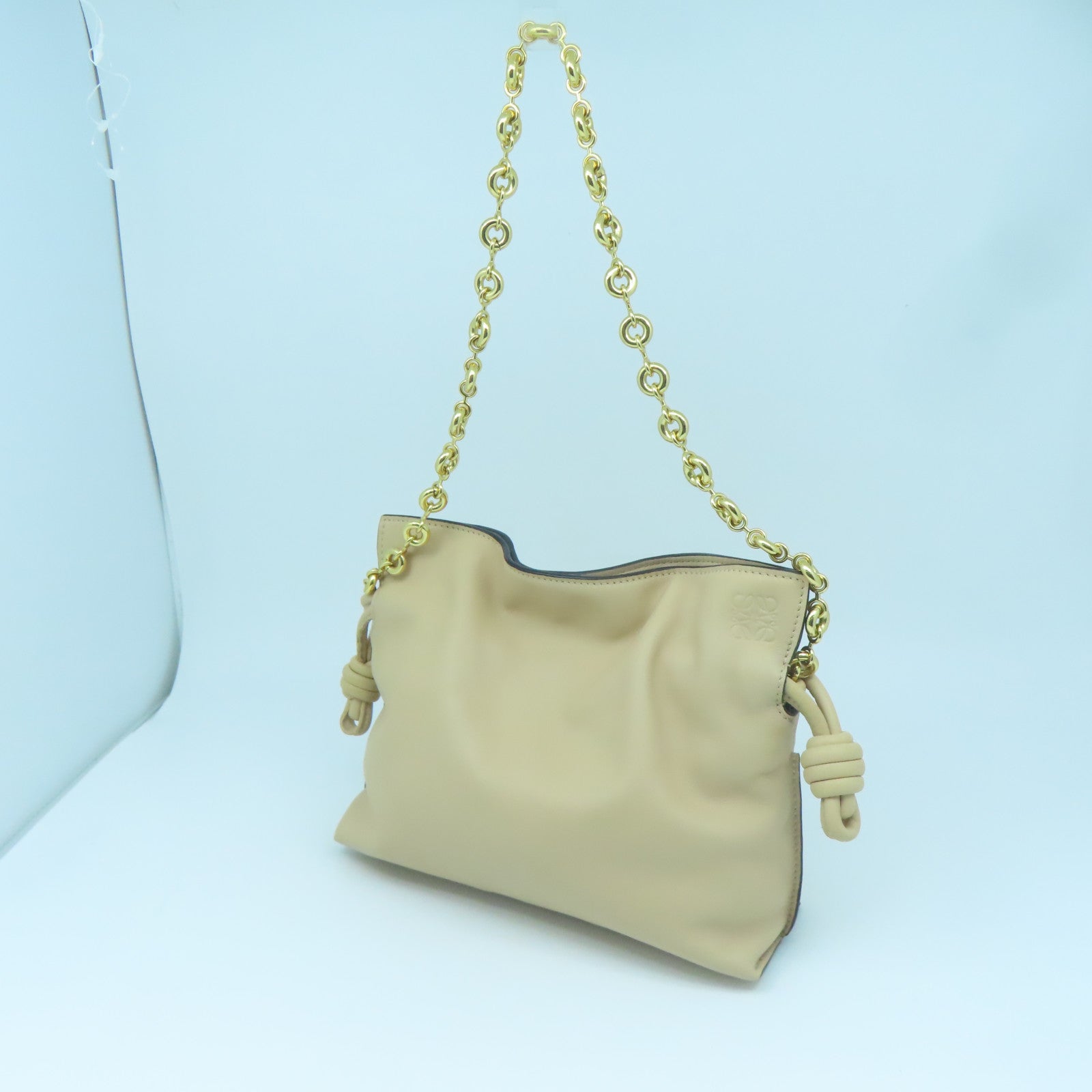 LOEWE Leather Clutch Flamenco Gold Buckle Chain Shoulder Bag Beige