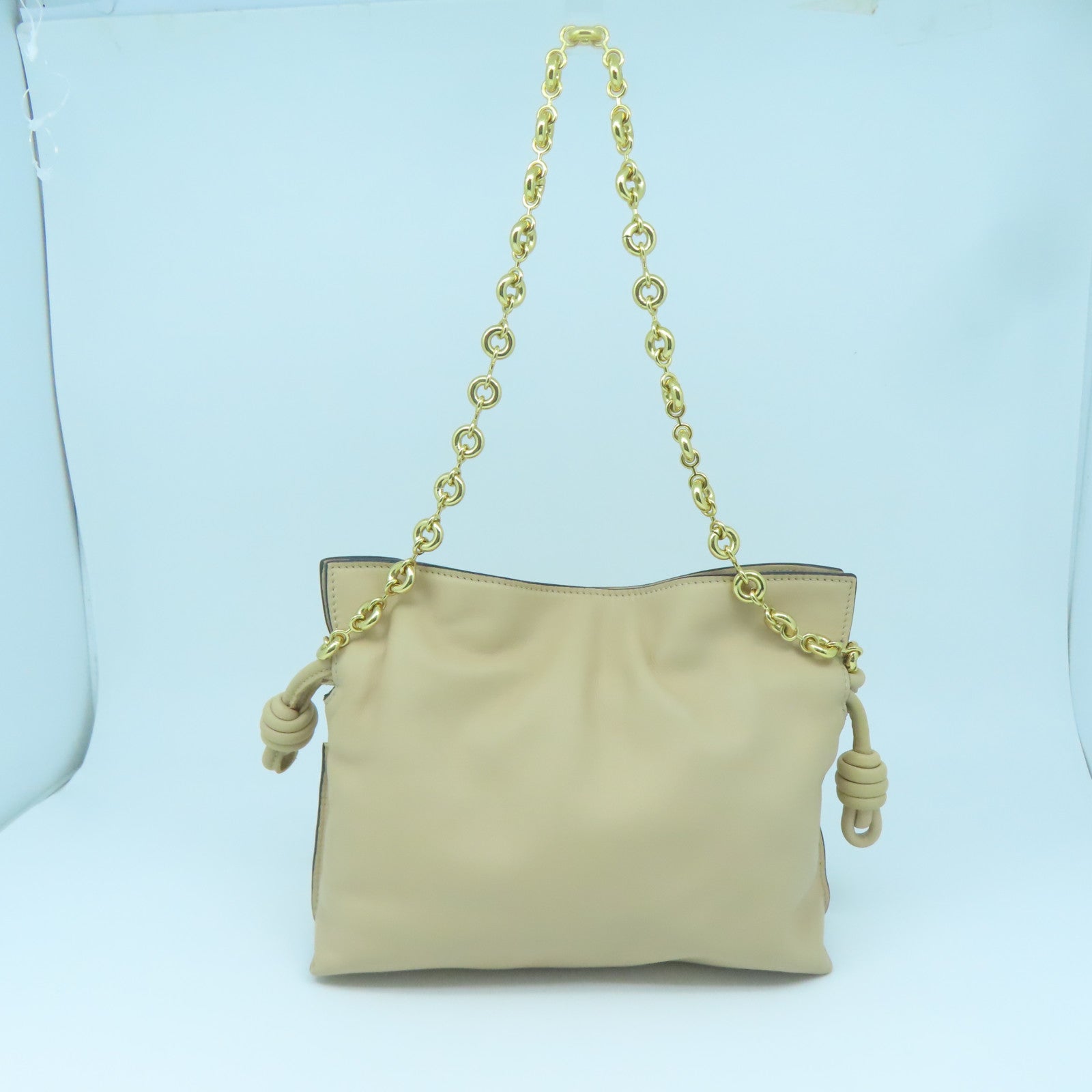 LOEWE Leather Clutch Flamenco Gold Buckle Chain Shoulder Bag Beige