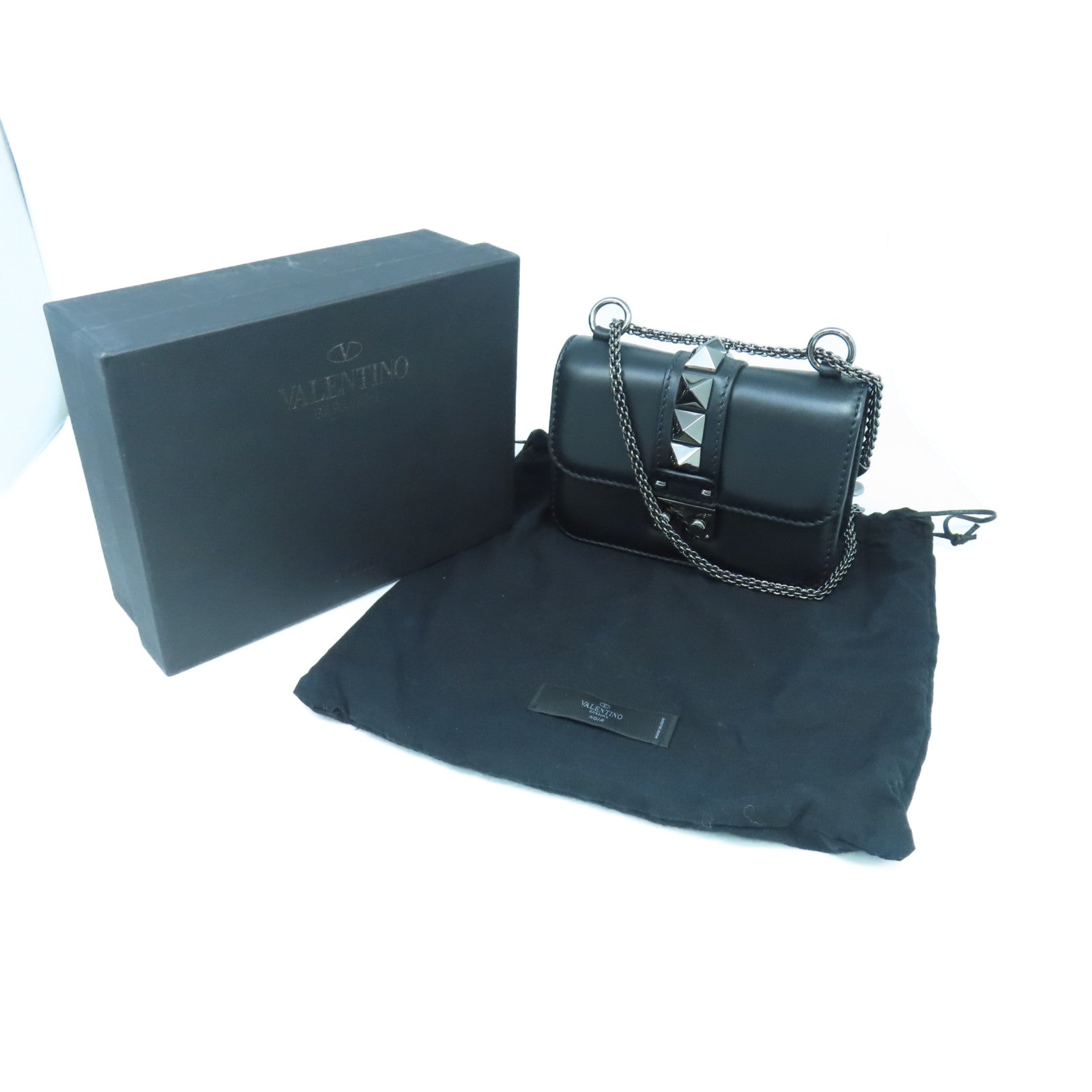 Valentino 牛皮皮革Mini Rockstud Glam Lock銀扣鏈帶肩背袋黑色