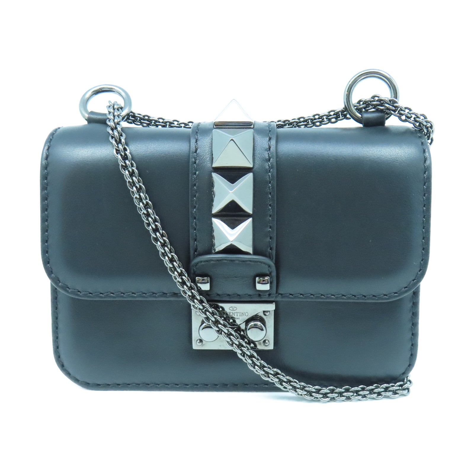 Valentino 牛皮皮革Mini Rockstud Glam Lock銀扣鏈帶肩背袋黑色