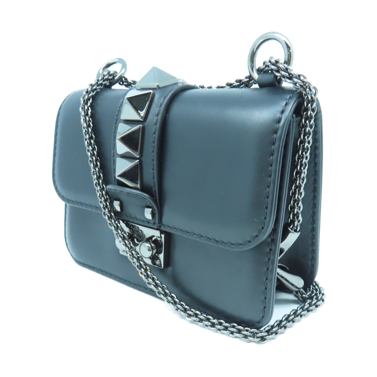 Valentino 牛皮皮革Mini Rockstud Glam Lock銀扣鏈帶肩背袋黑色