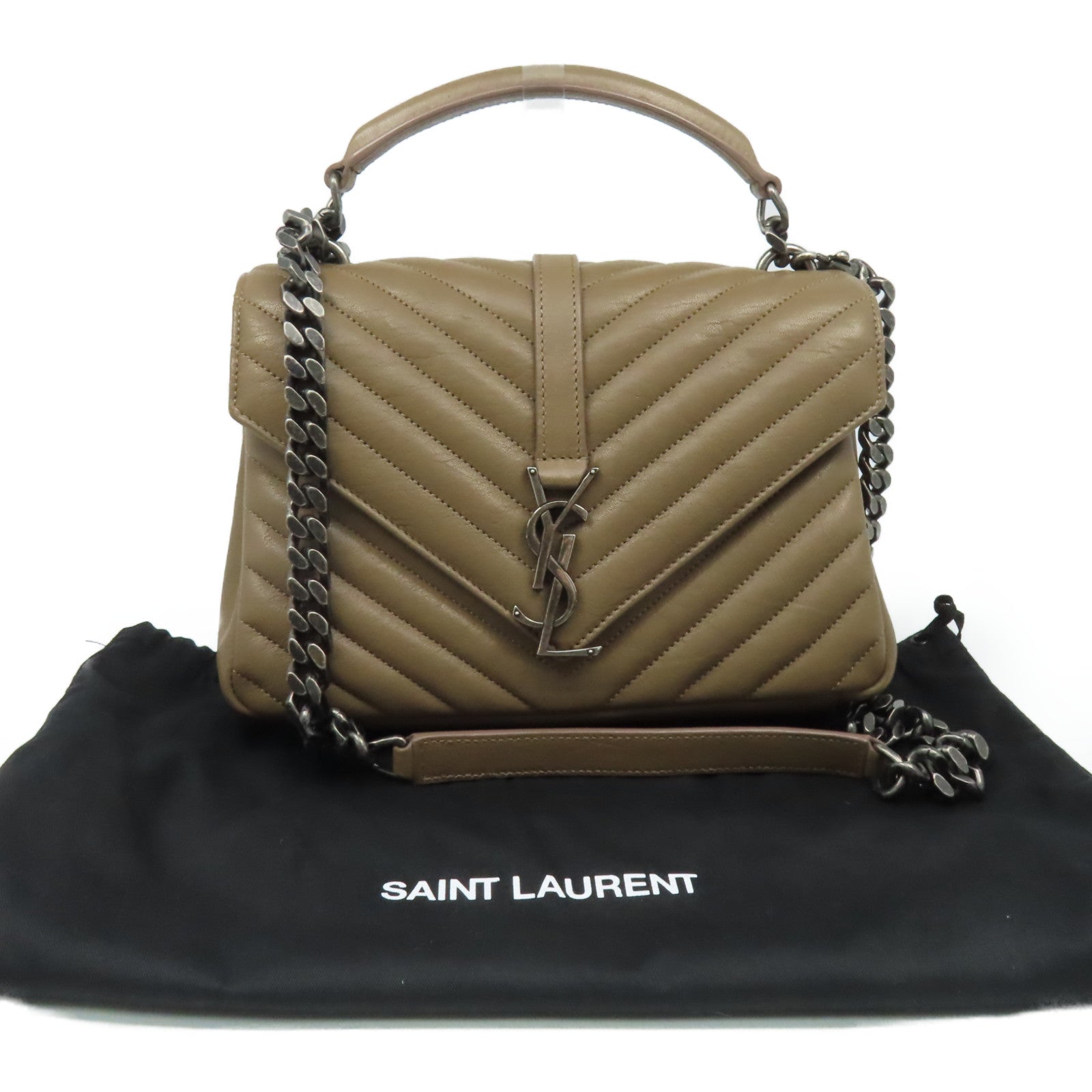 SAINT LAURENT 牛皮皮革College Medium 2Way Chain Shoulder Bag銀扣鏈帶手挽肩背兩用袋啡色