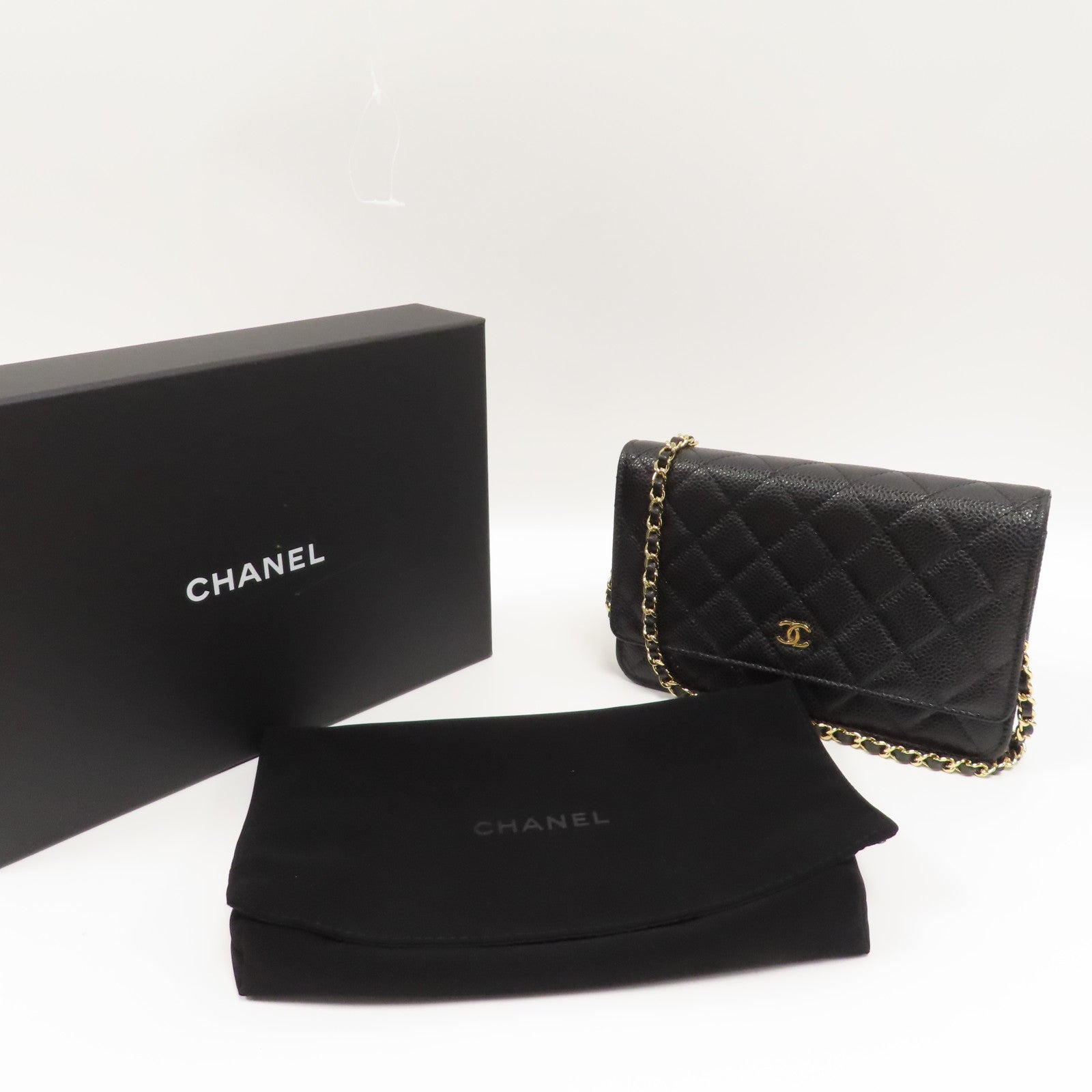CHANEL 菱格牛皮皮革Wallet On Chain金扣鏈帶肩背袋黑色