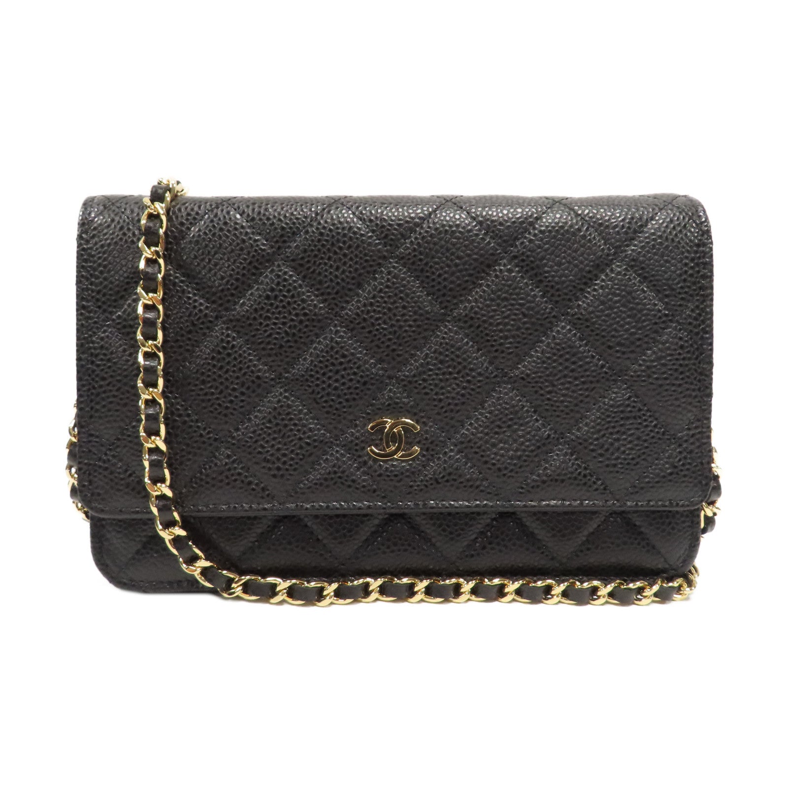 CHANEL 菱格牛皮皮革Wallet On Chain金扣鏈帶肩背袋黑色