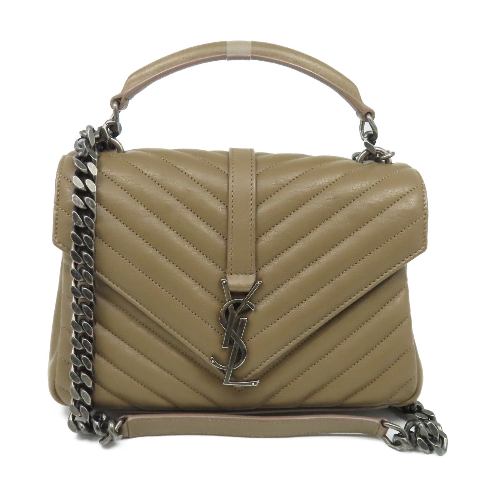 SAINT LAURENT 牛皮皮革College Medium 2Way Chain Shoulder Bag銀扣鏈帶手挽肩背兩用袋啡色