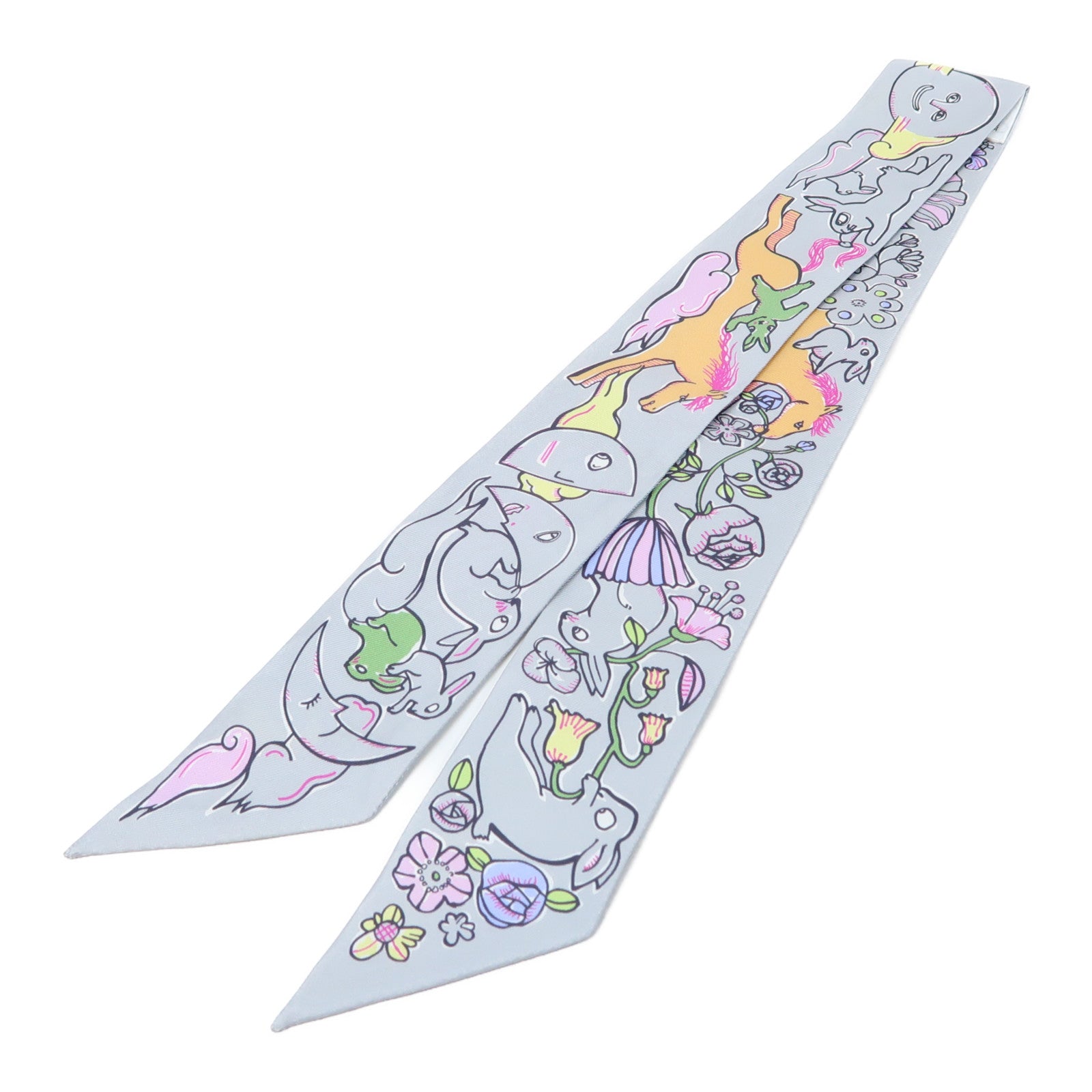 HERMES 絲質Twilly Scarf絲巾灰色