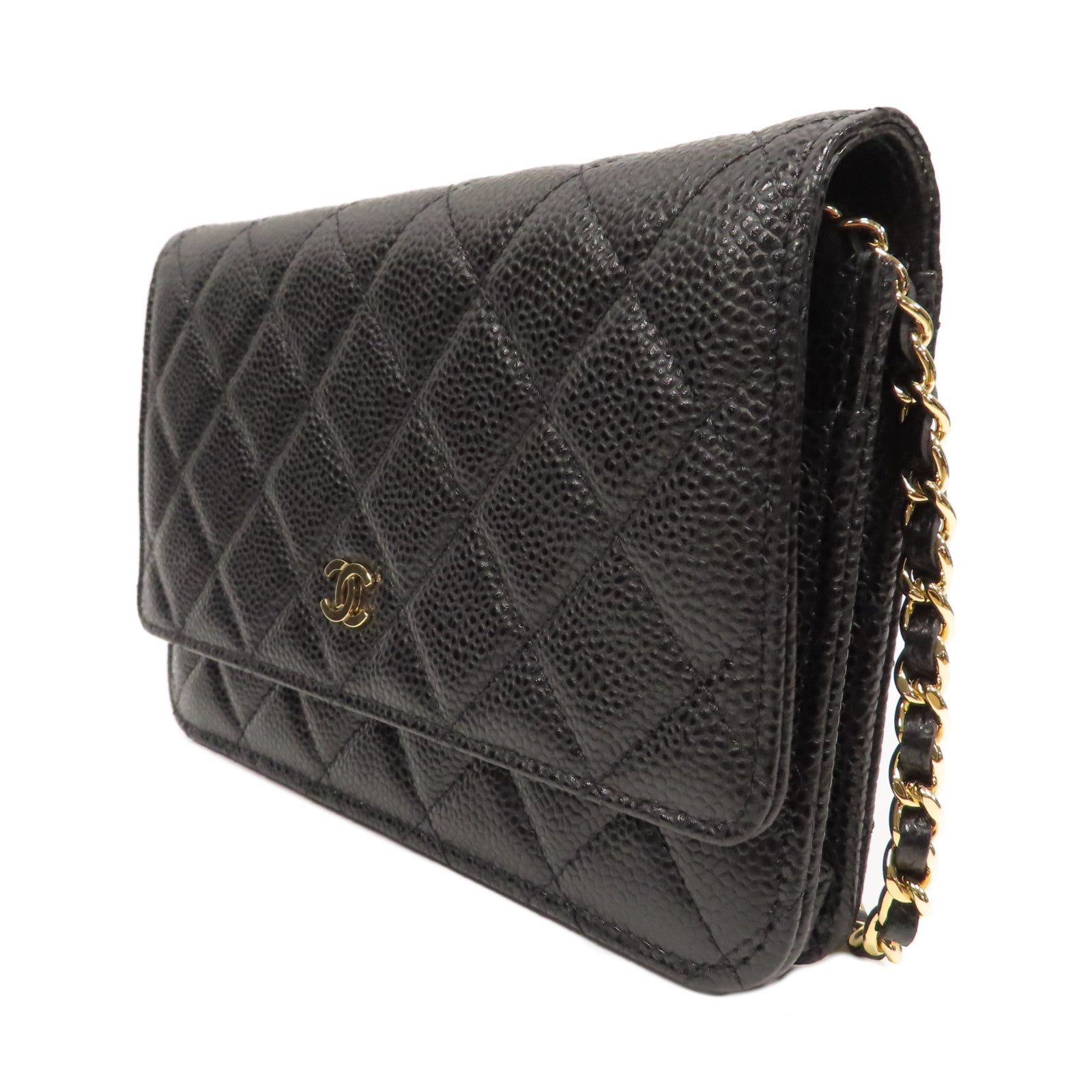 CHANEL 菱格牛皮皮革Wallet On Chain金扣鏈帶肩背袋黑色