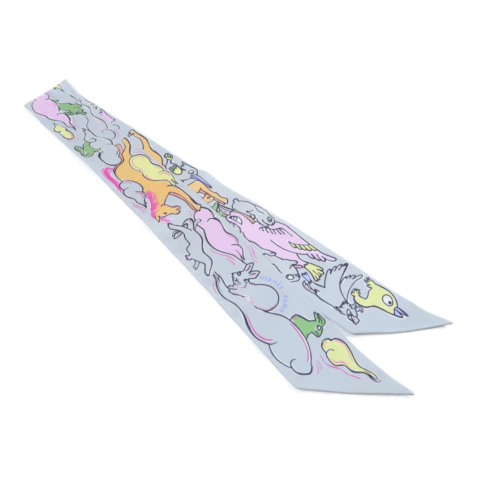 HERMES 絲質Twilly Scarf絲巾灰色