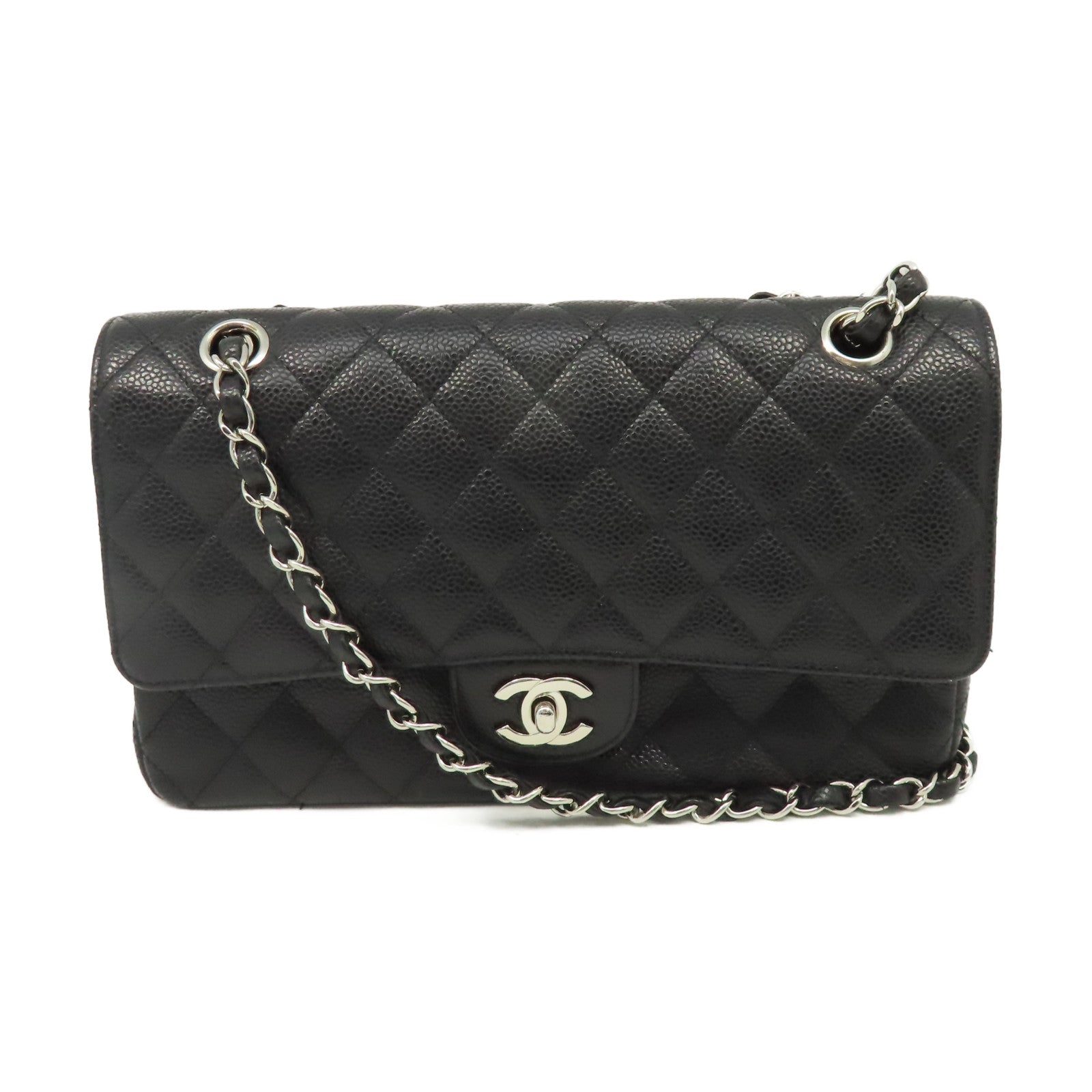 CHANEL 菱格Caviar皮革Classic 25銀扣鏈帶肩背袋黑色