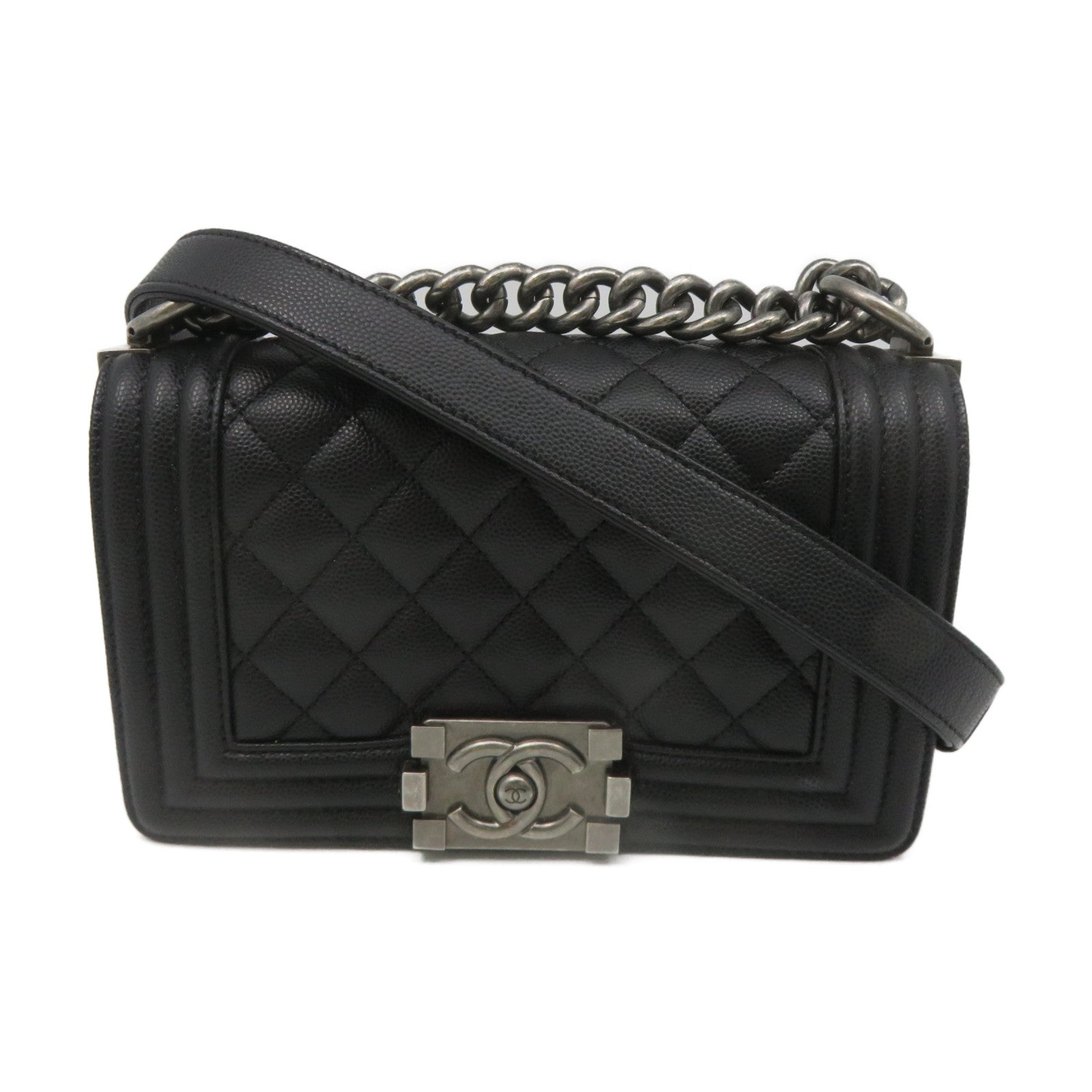 CHANEL Diamond Caviar Leather Boyo Chanel Silver Buckle Chain Shoulder Bag Black