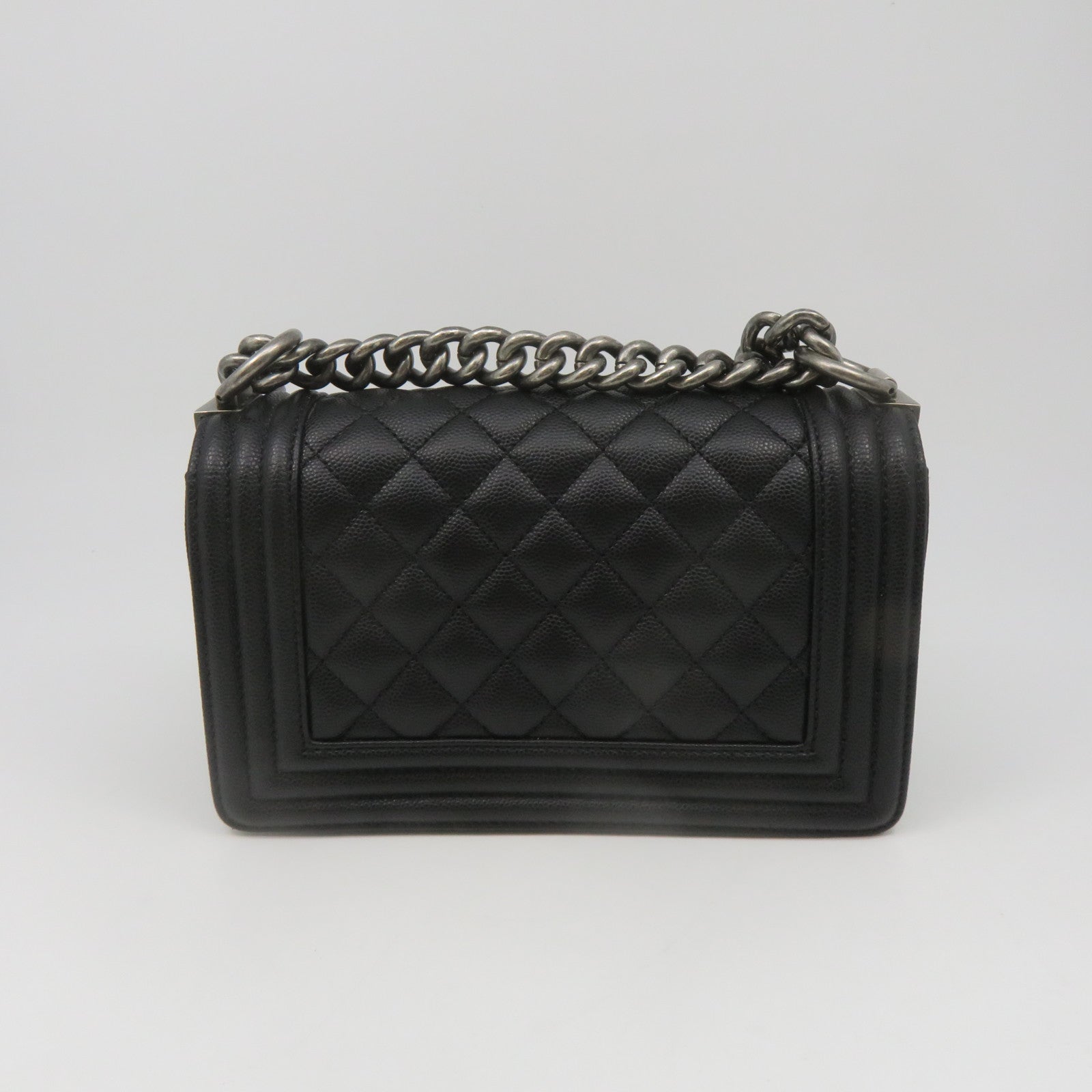 CHANEL Diamond Caviar Leather Boyo Chanel Silver Buckle Chain Shoulder Bag Black