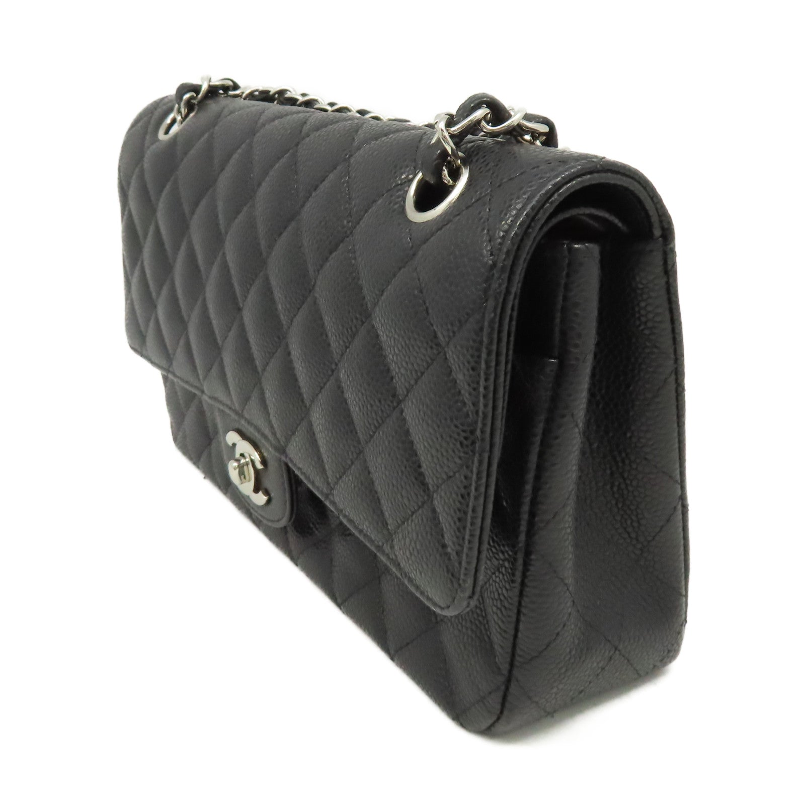 CHANEL 菱格Caviar皮革Classic 25銀扣鏈帶肩背袋黑色