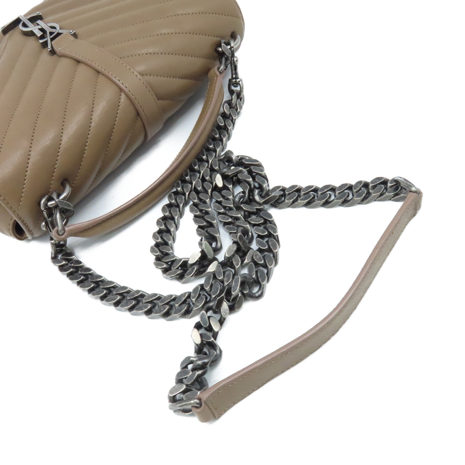 SAINT LAURENT 牛皮皮革College Medium 2Way Chain Shoulder Bag銀扣鏈帶手挽肩背兩用袋啡色