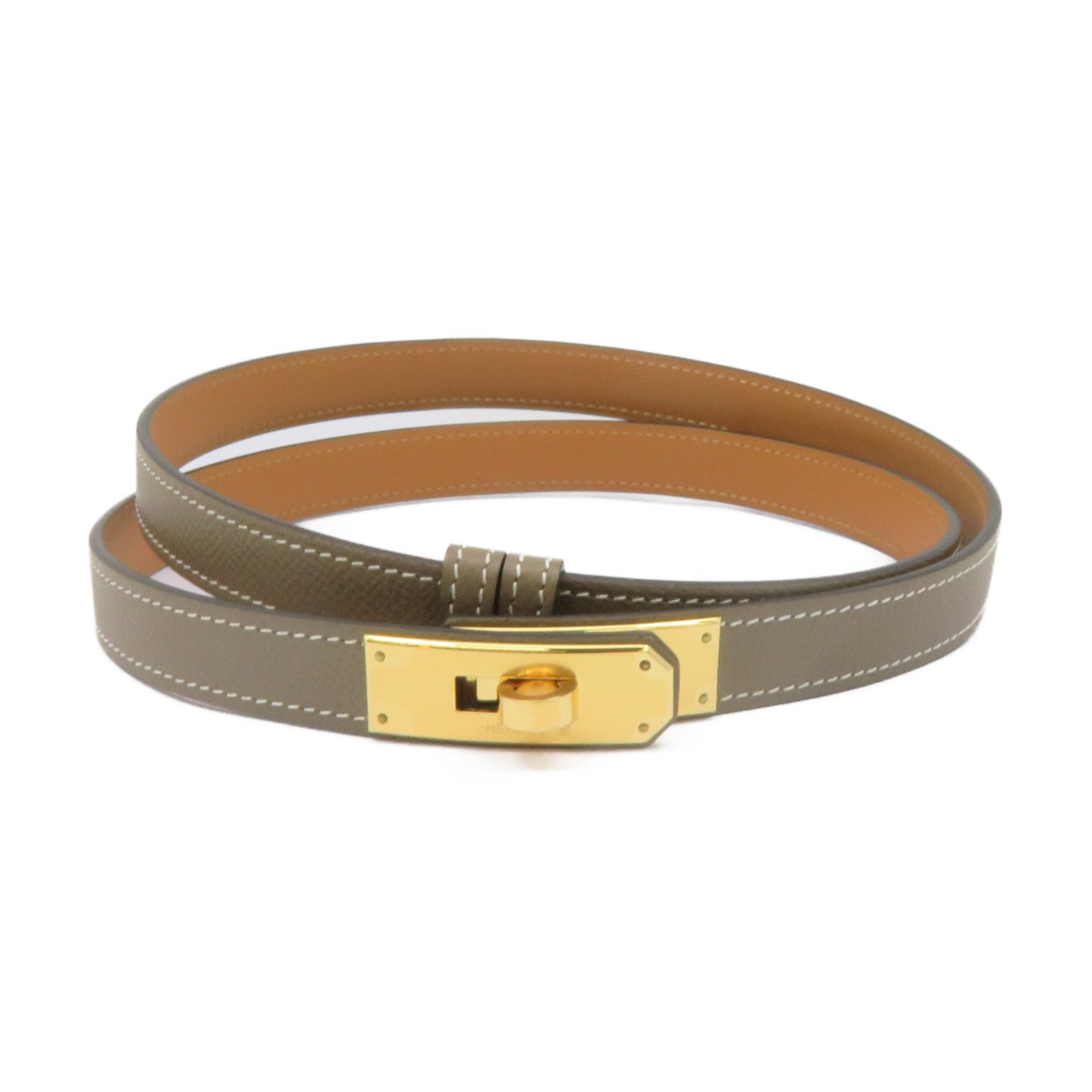 HERMES Epsom皮革Kelly Belt金扣皮革带Etoupe啡色
