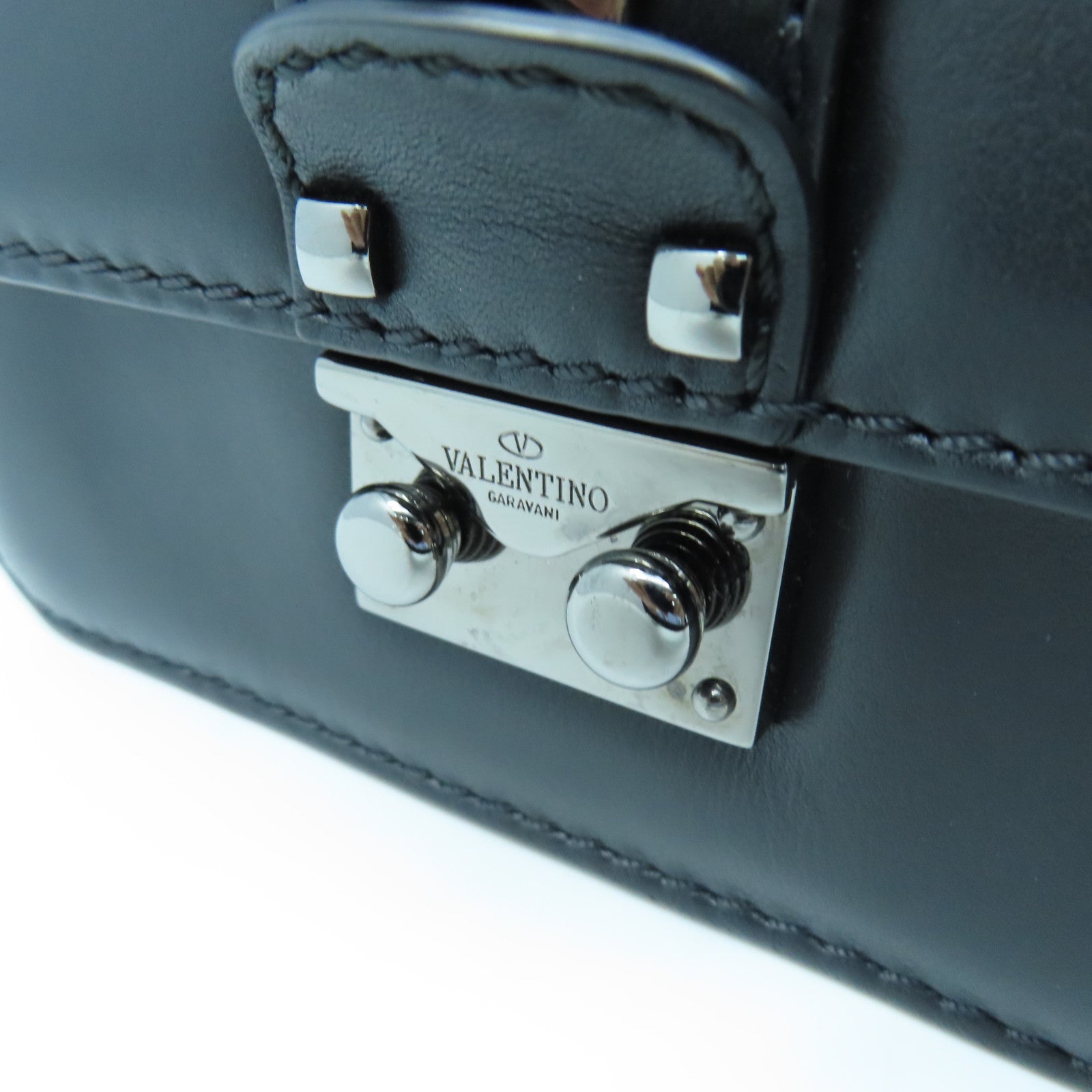 Valentino 牛皮皮革Mini Rockstud Glam Lock銀扣鏈帶肩背袋黑色