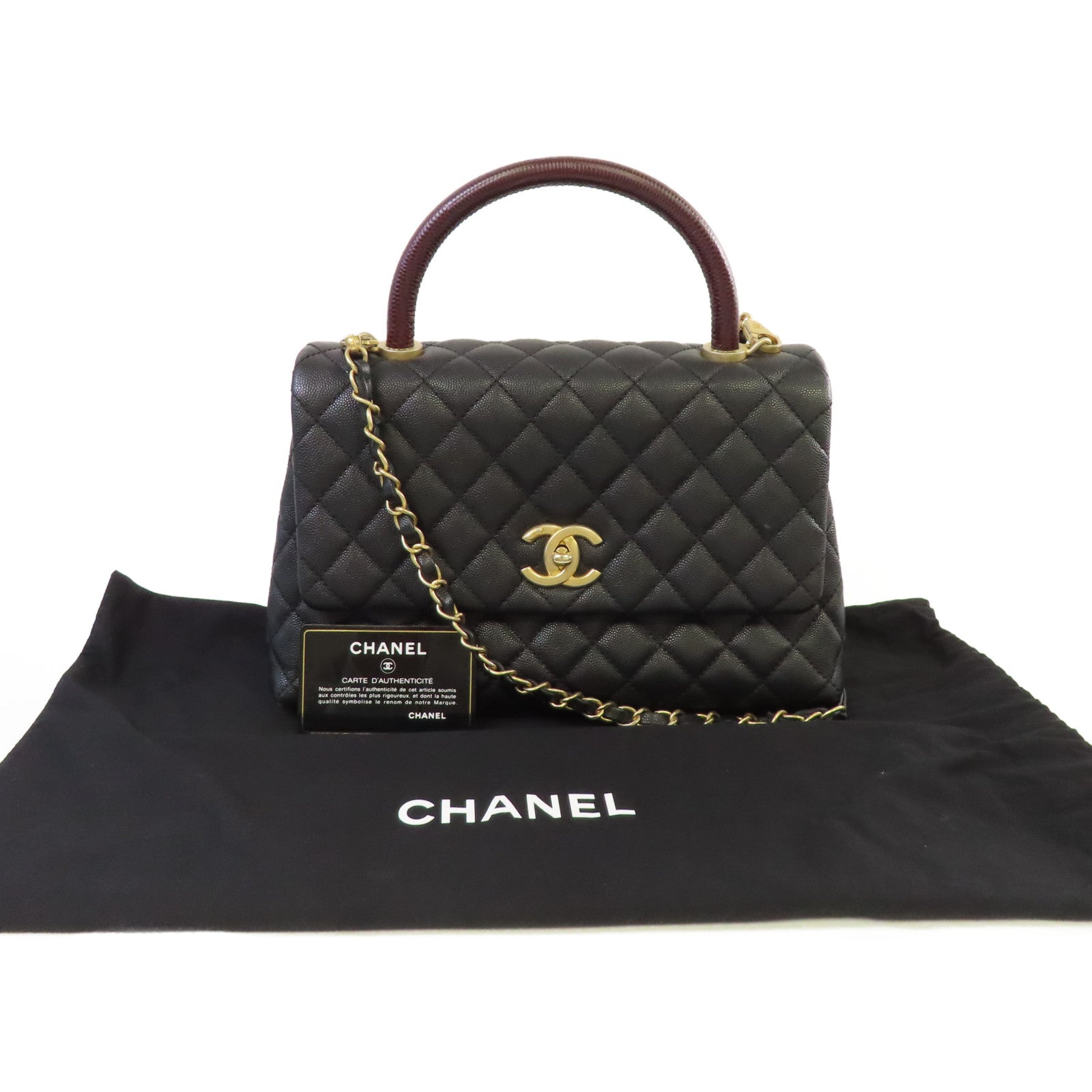 CHANEL Caviar皮革/Lizard皮革2Way Chain Shoulder Bag金扣手挽肩背兩用袋黑色