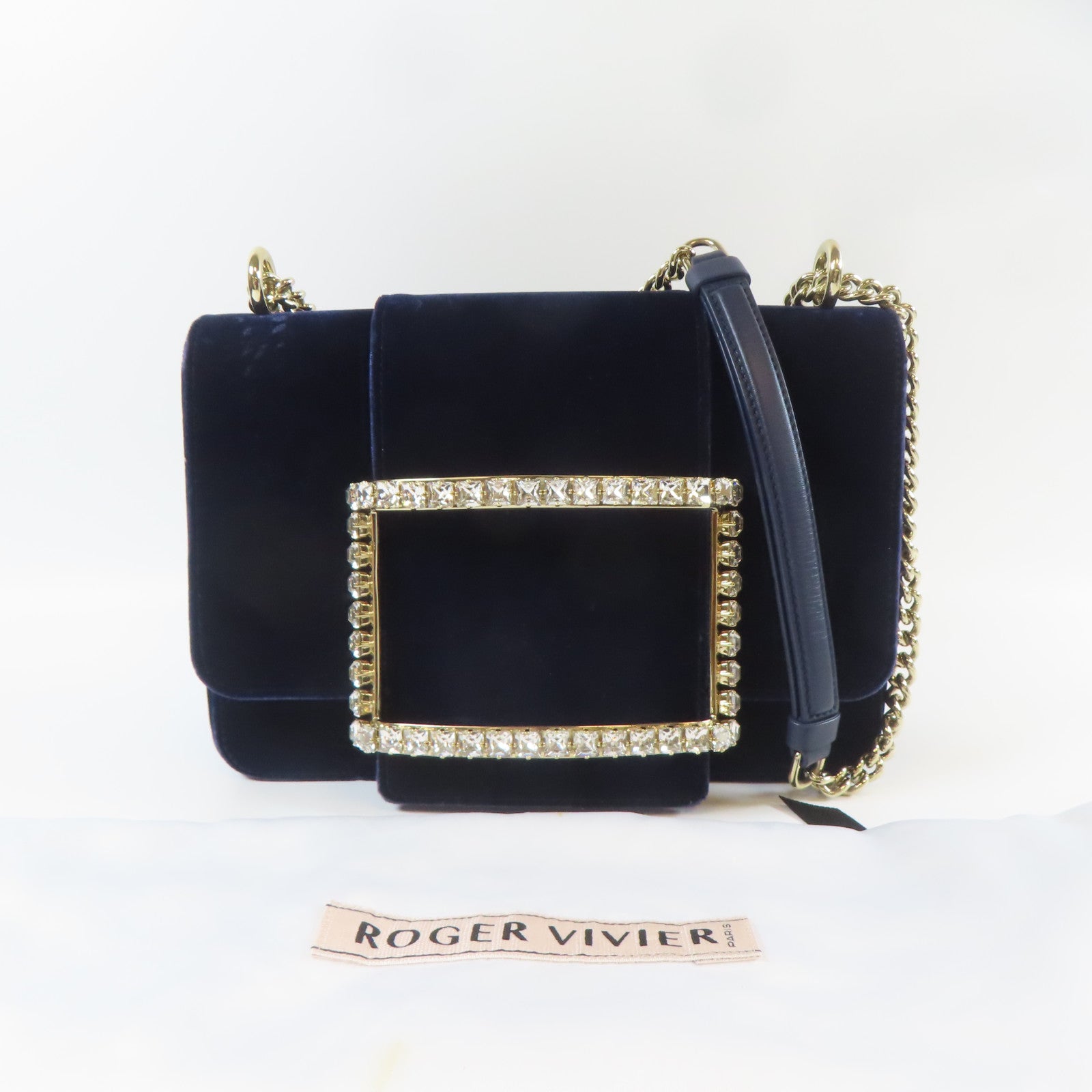 Roger Vivier 天鵝絨Roger Vivier Chain Shoulder銀扣鏈帶肩背袋藍色