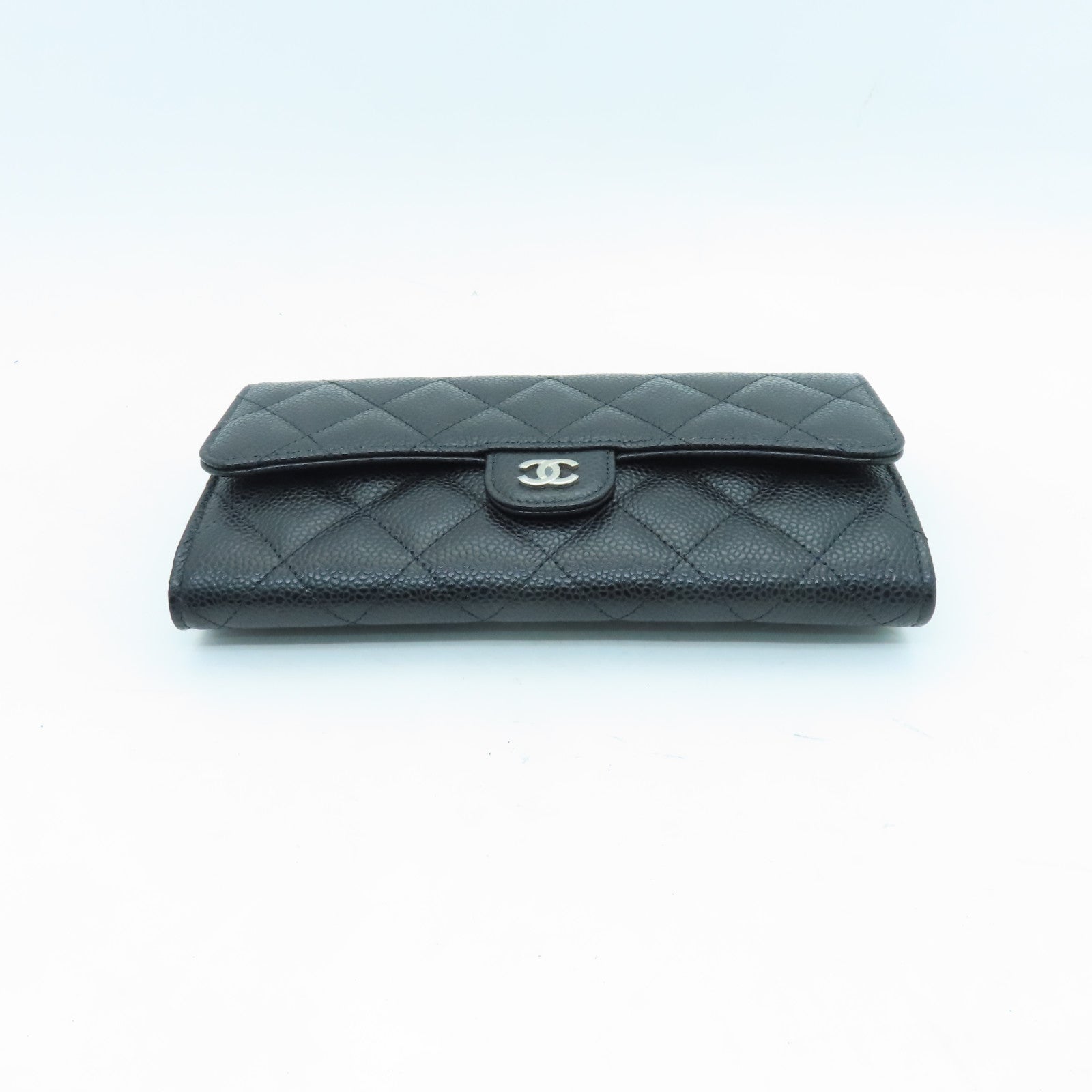 CHANEL Caviar Leather Classic Long Wallet Silver Buckle Long Wallet Black