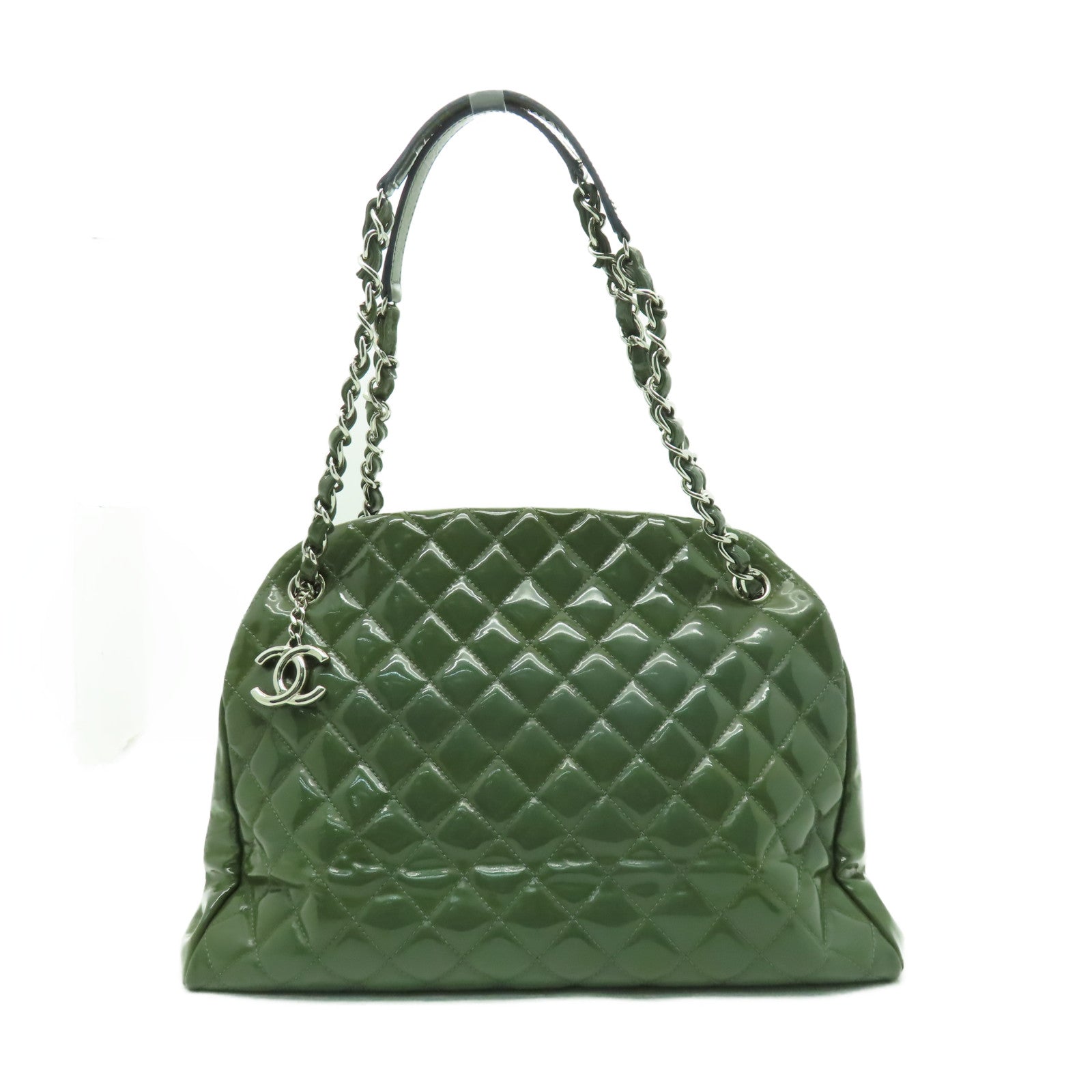CHANEL 菱格漆皮皮革Chain Shoulder銀扣鏈帶肩背袋綠色