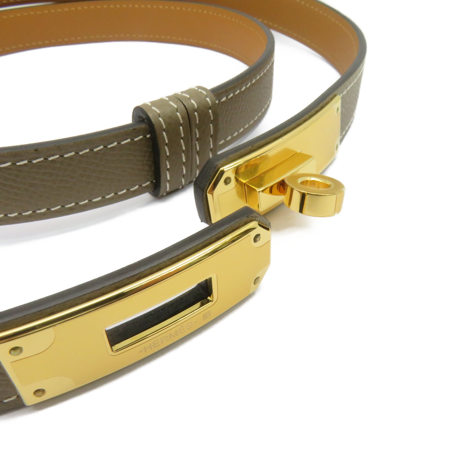 HERMES Epsom皮革Kelly Belt金扣皮革带Etoupe啡色