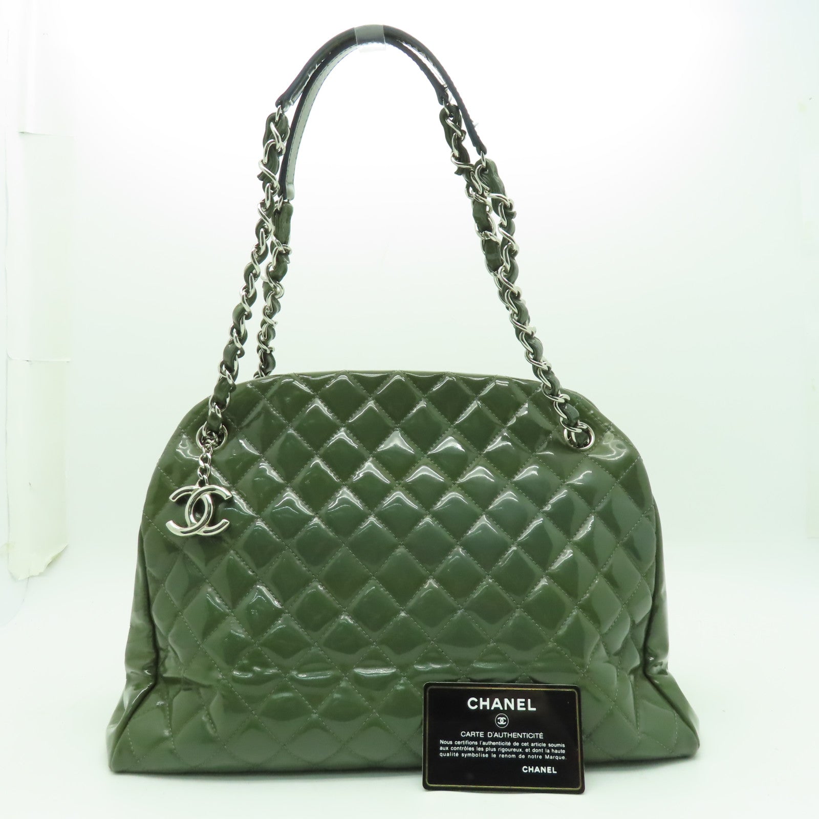 CHANEL 菱格漆皮皮革Chain Shoulder銀扣鏈帶肩背袋綠色