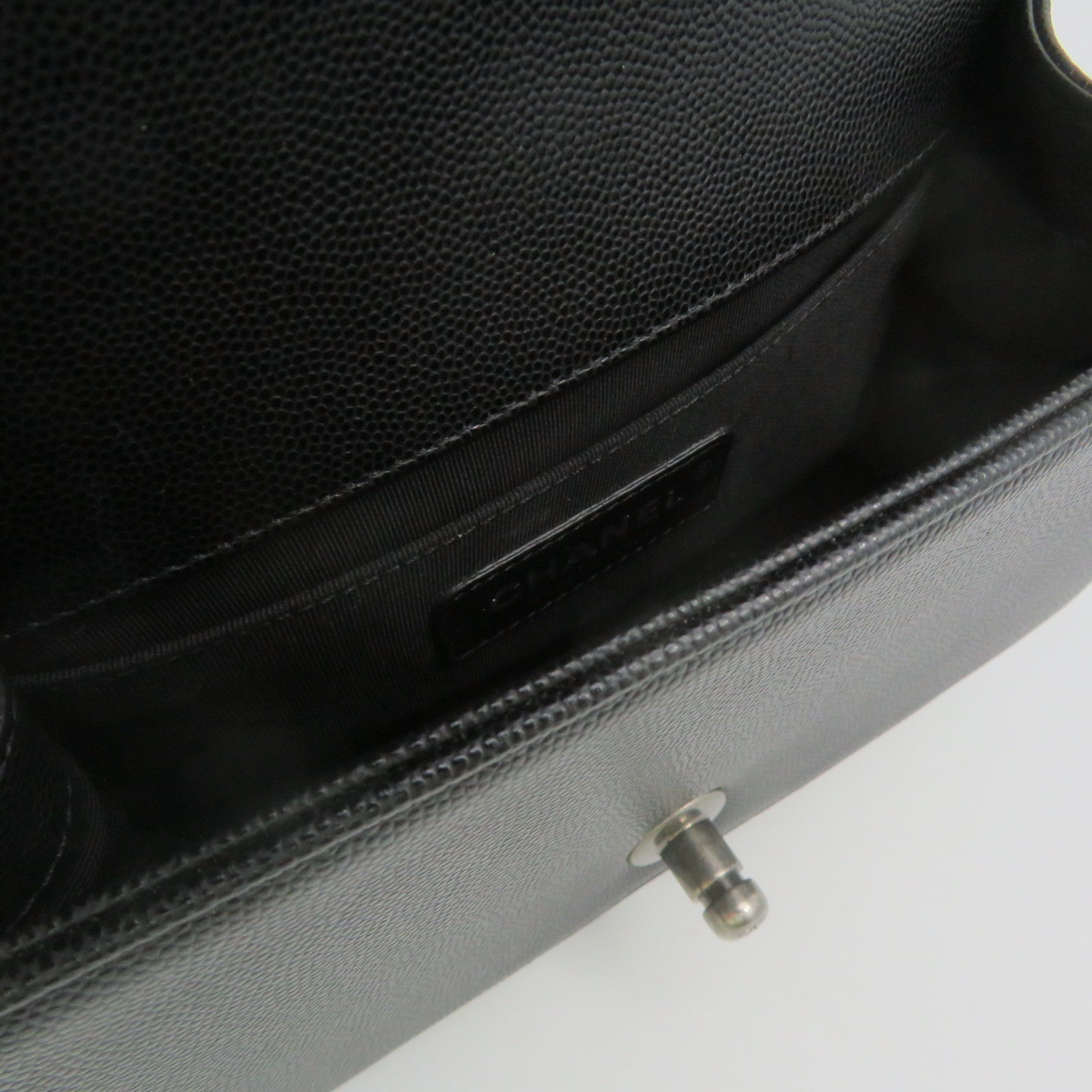 CHANEL Diamond Caviar Leather Boyo Chanel Silver Buckle Chain Shoulder Bag Black