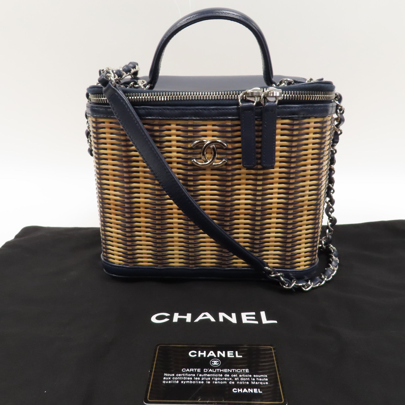 CHANEL 藤製/羊皮皮革Chain Shoulder銀扣手挽肩背兩用袋藍色