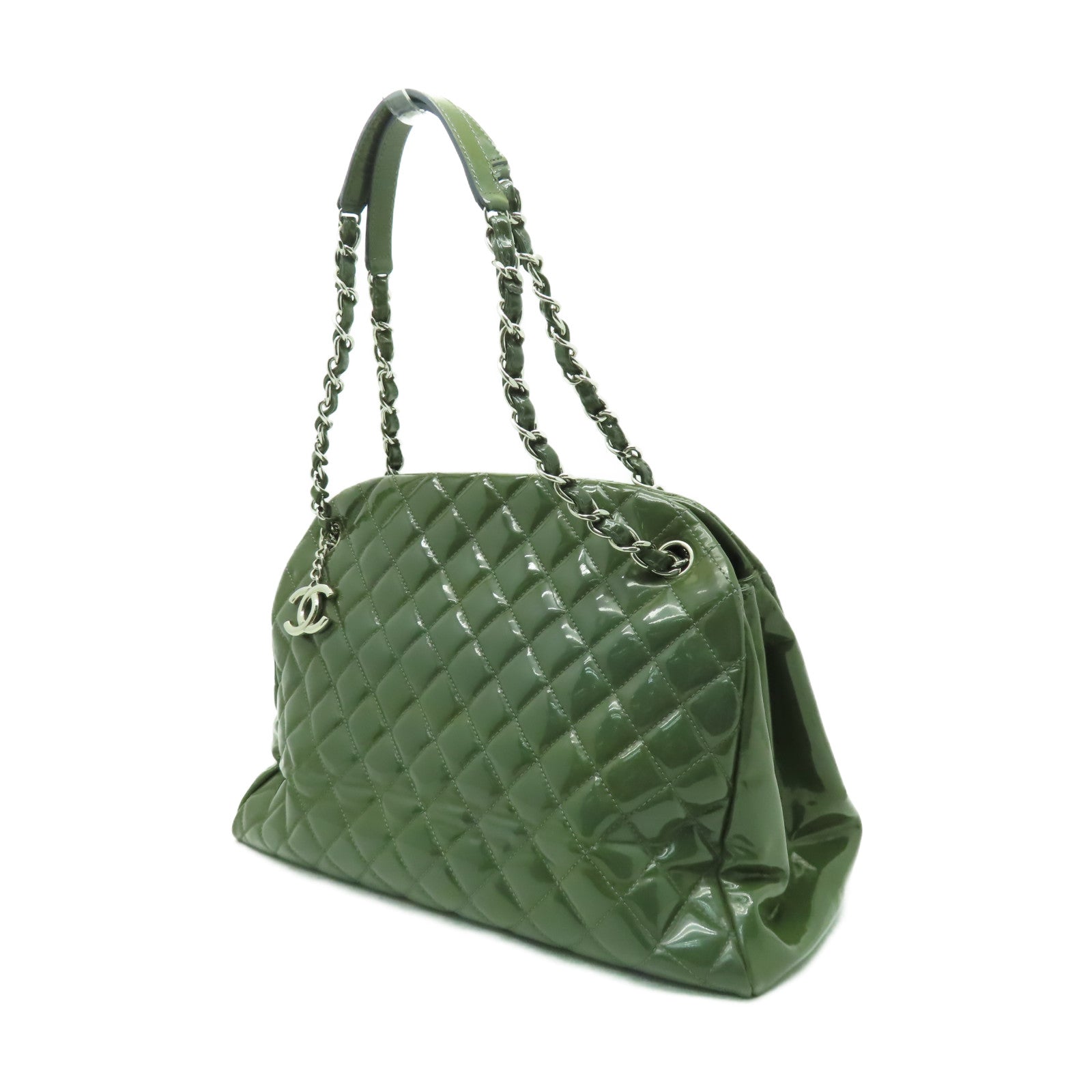 CHANEL 菱格漆皮皮革Chain Shoulder銀扣鏈帶肩背袋綠色