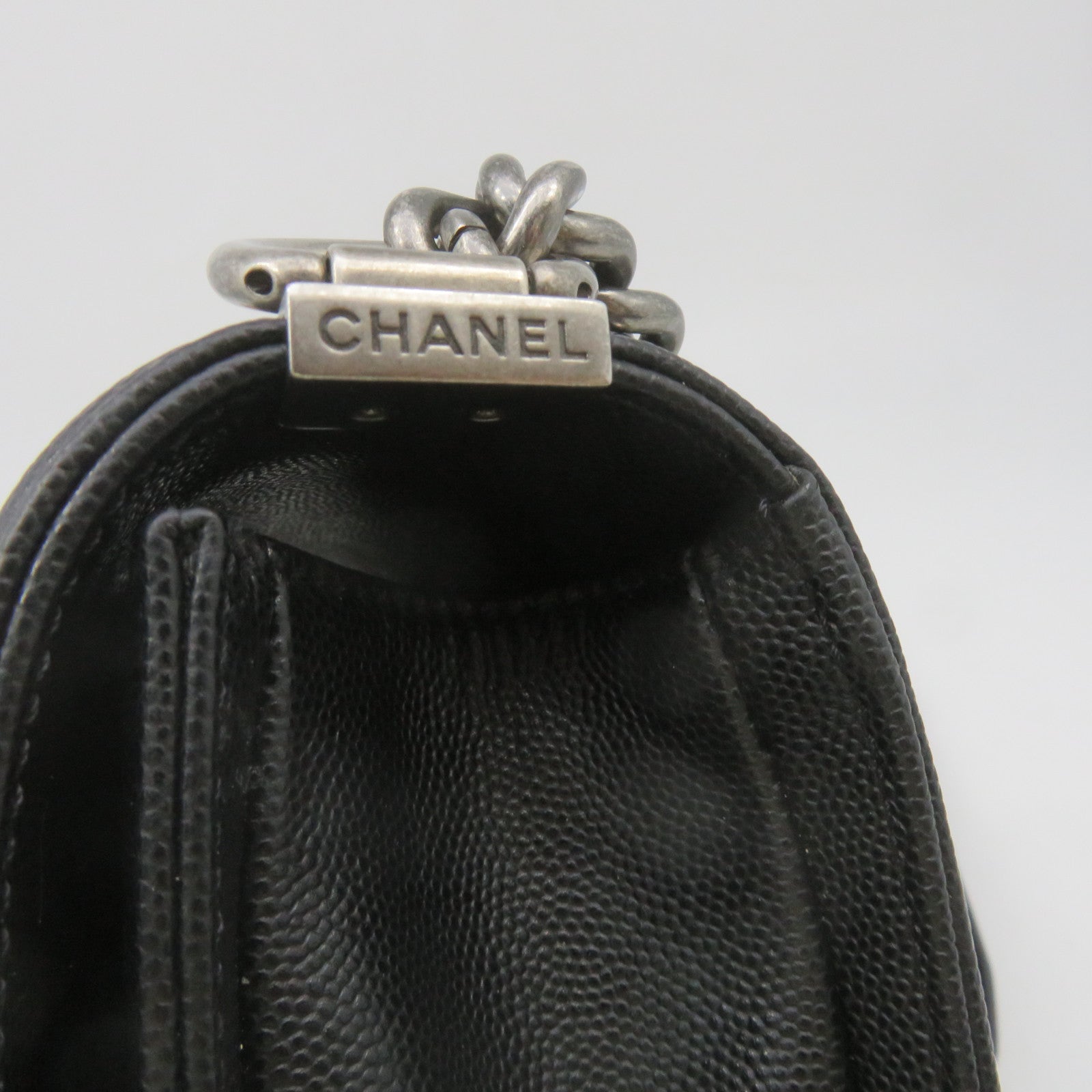CHANEL Diamond Caviar Leather Boyo Chanel Silver Buckle Chain Shoulder Bag Black
