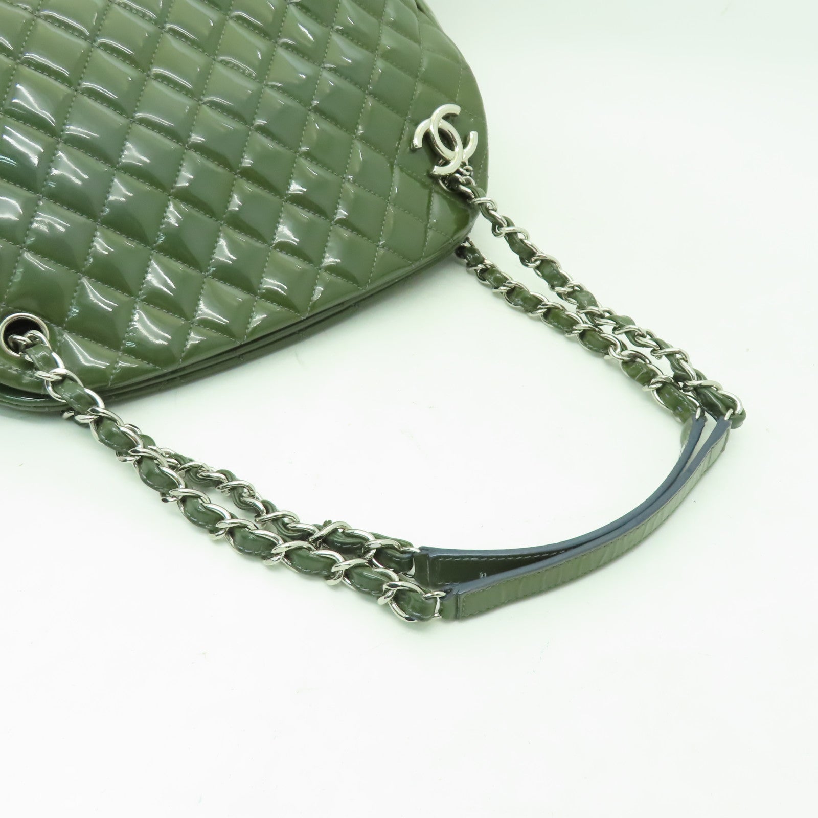 CHANEL 菱格漆皮皮革Chain Shoulder銀扣鏈帶肩背袋綠色