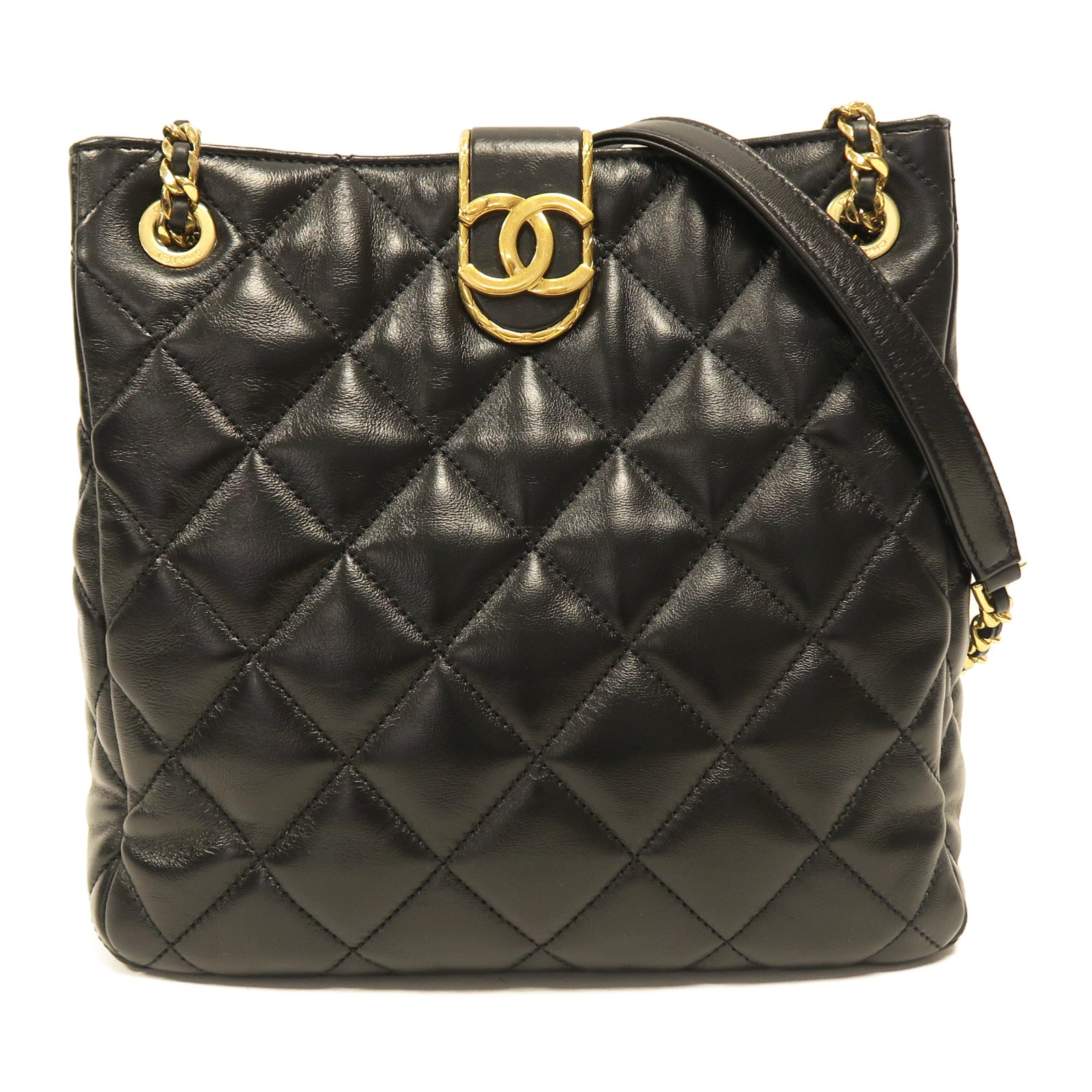 CHANEL 菱格羊皮皮革Hobo Bag金扣鏈帶肩背袋黑色