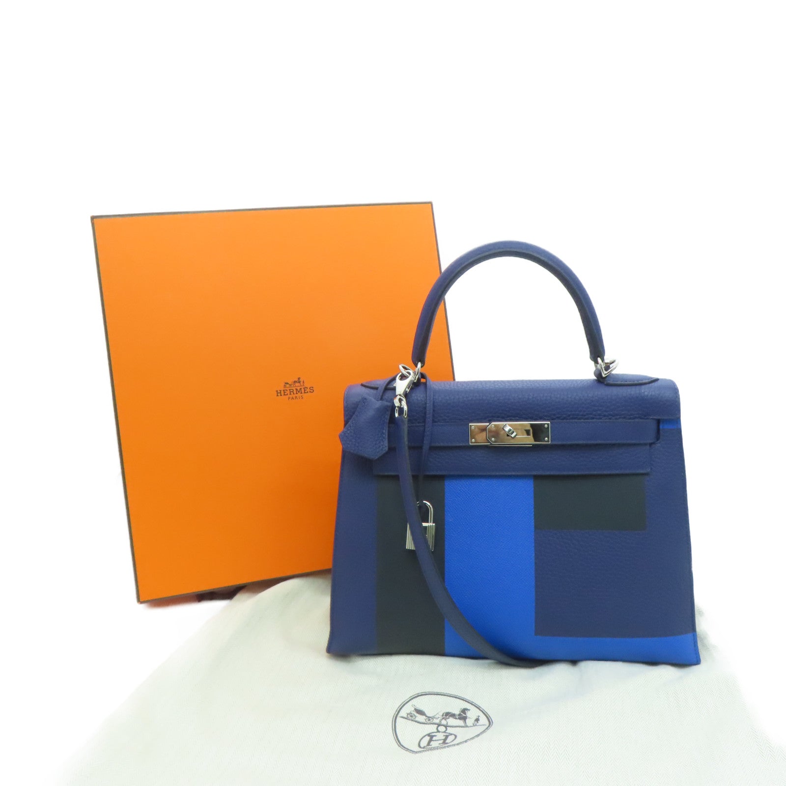 HERMES 【激減優惠】Clemence皮革Kelly 28 Lettre E銀扣手挽肩背兩用袋Zellige/Encre/Obscur
