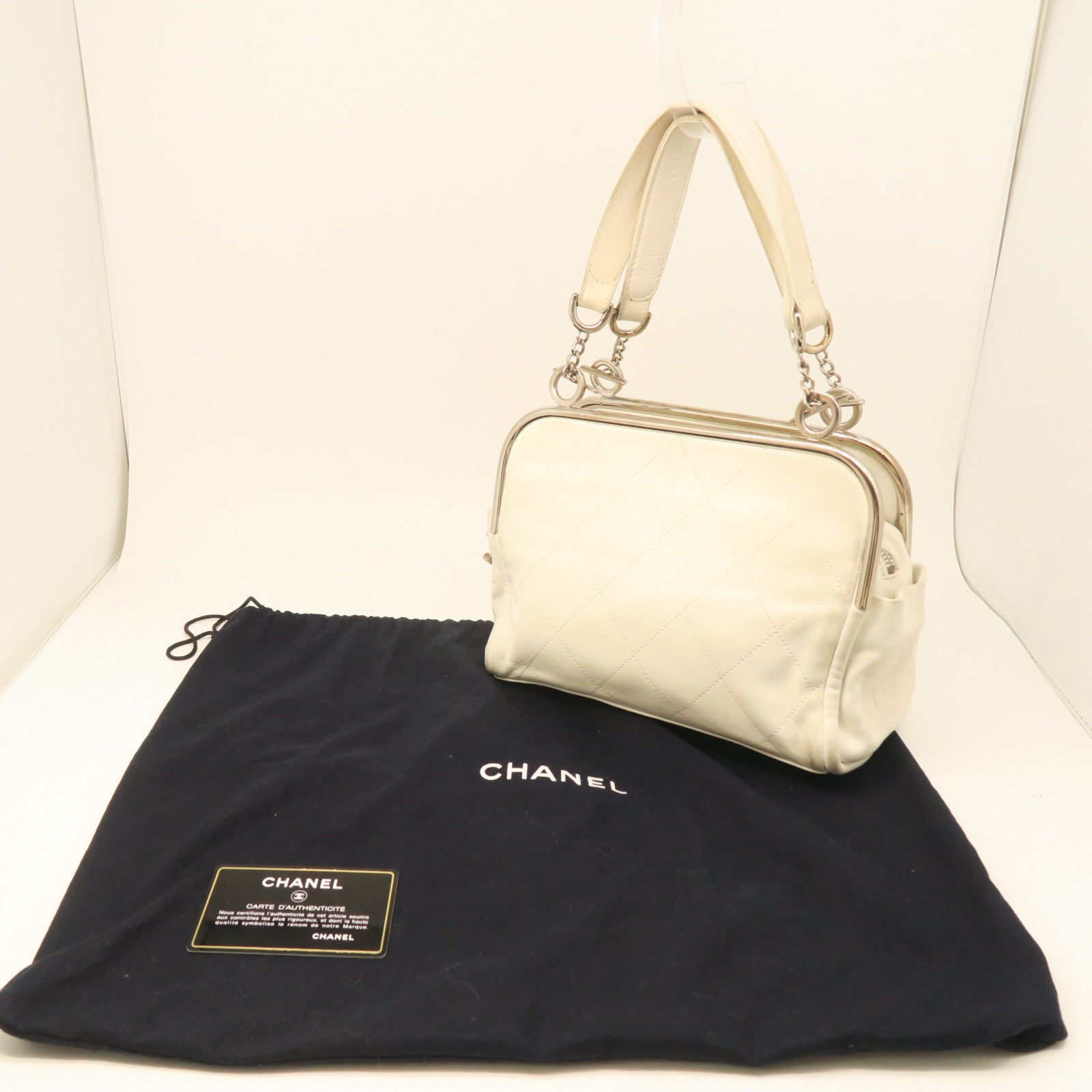 CHANEL cowhide leather Hand Bag silver buckle hand bag white