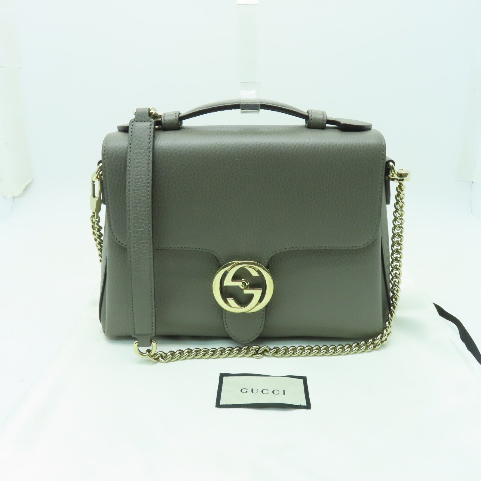 GUCCI 牛皮皮革Shoulder Bag銀扣鏈帶肩背袋灰色