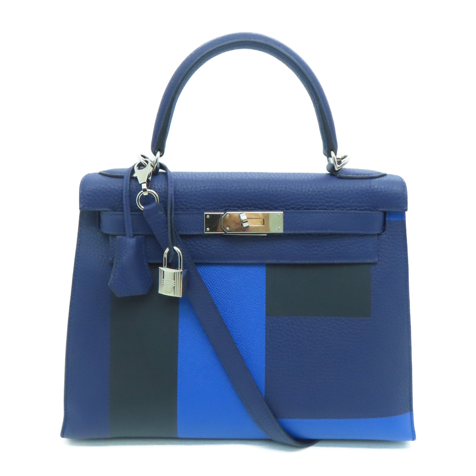HERMES 【激減優惠】Clemence皮革Kelly 28 Lettre E銀扣手挽肩背兩用袋Zellige/Encre/Obscur