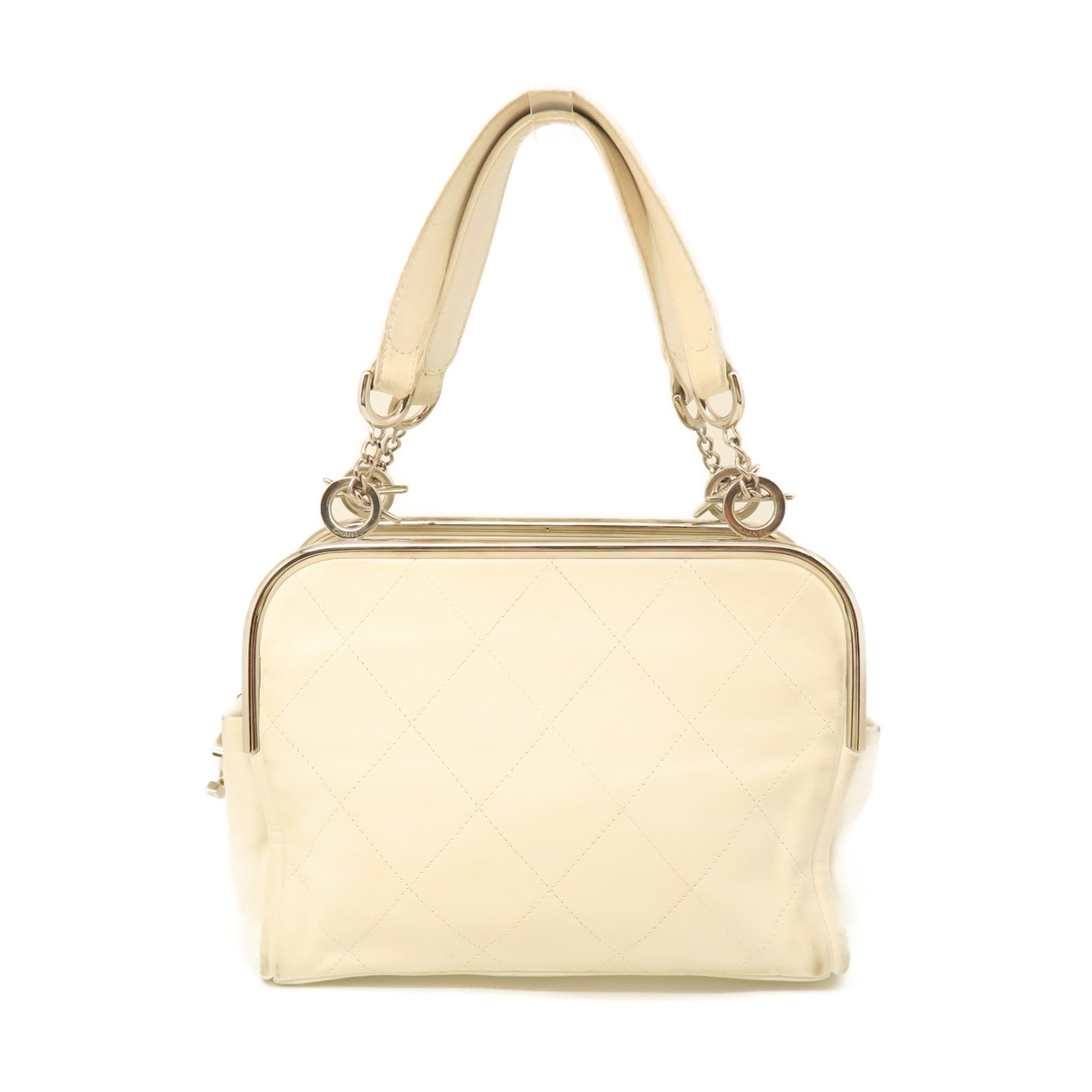 CHANEL cowhide leather Hand Bag silver buckle hand bag white