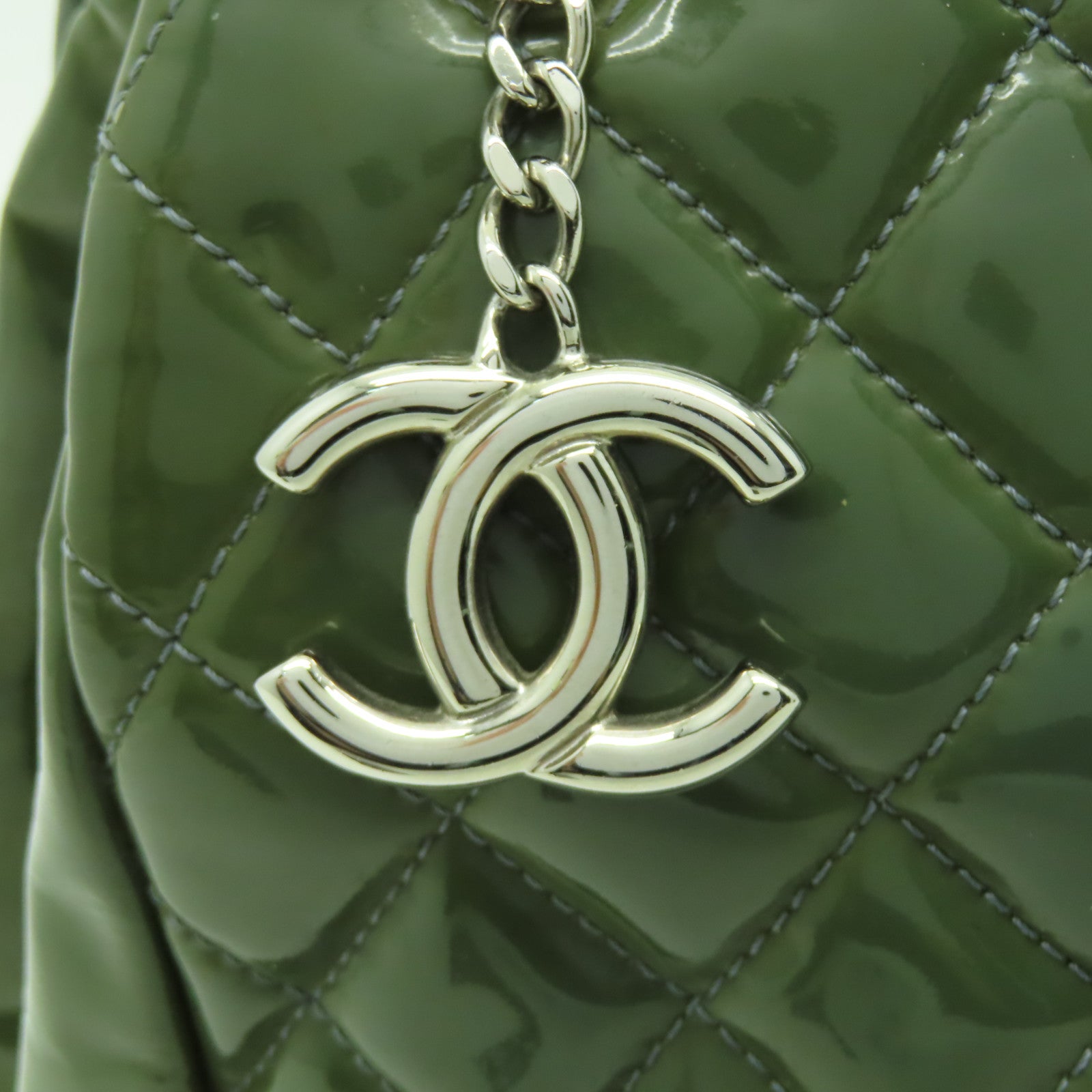 CHANEL 菱格漆皮皮革Chain Shoulder銀扣鏈帶肩背袋綠色