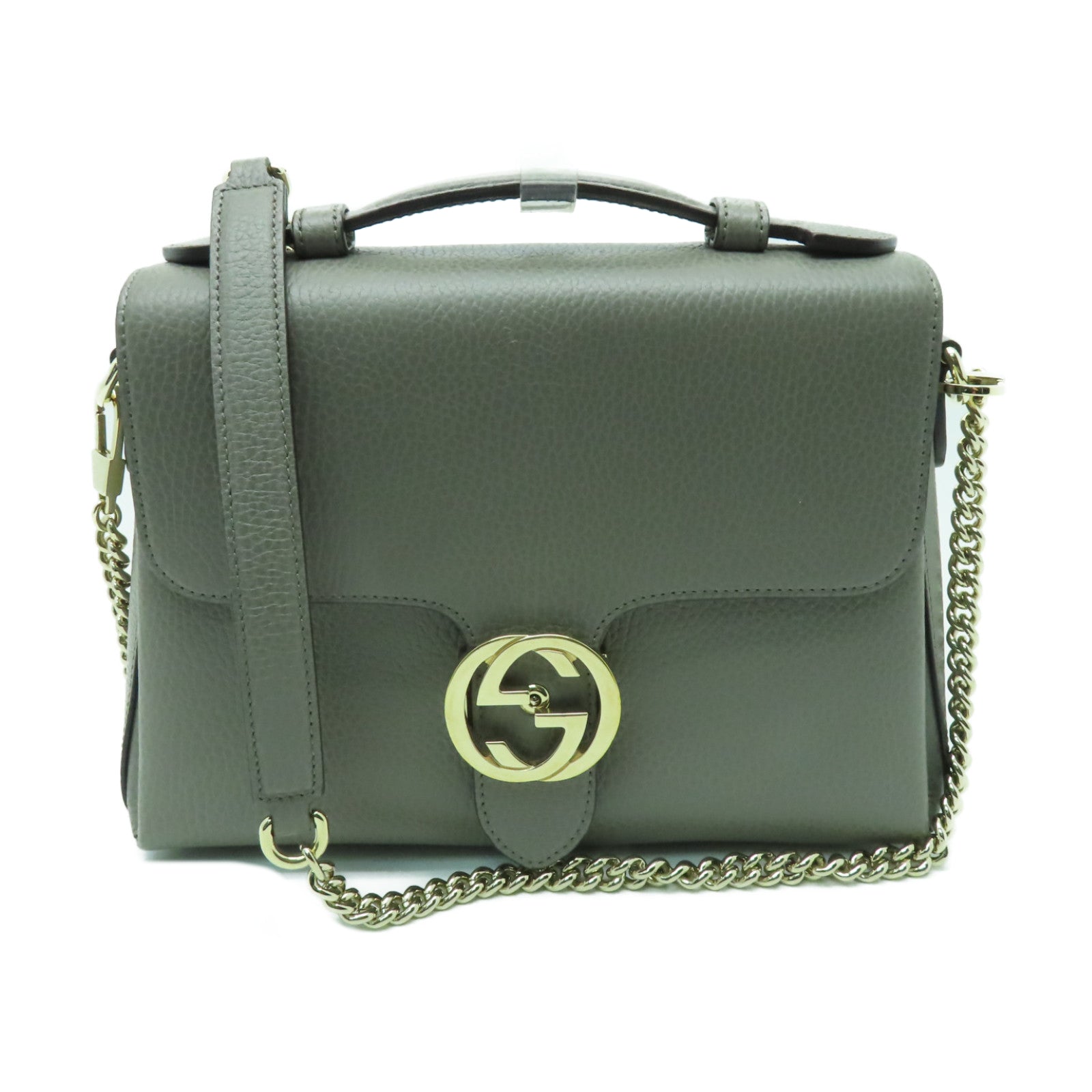 GUCCI 牛皮皮革Shoulder Bag銀扣鏈帶肩背袋灰色