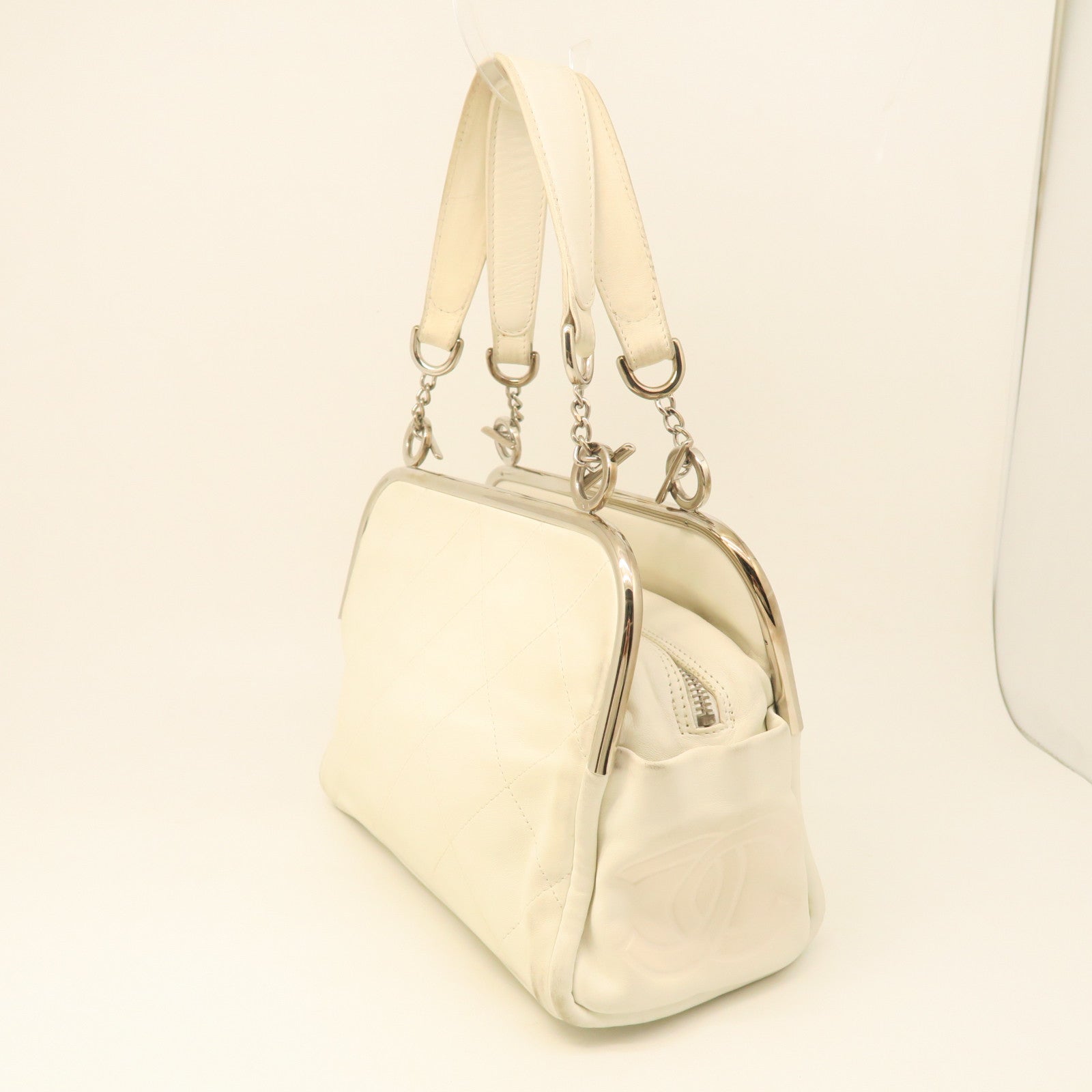 CHANEL cowhide leather Hand Bag silver buckle hand bag white