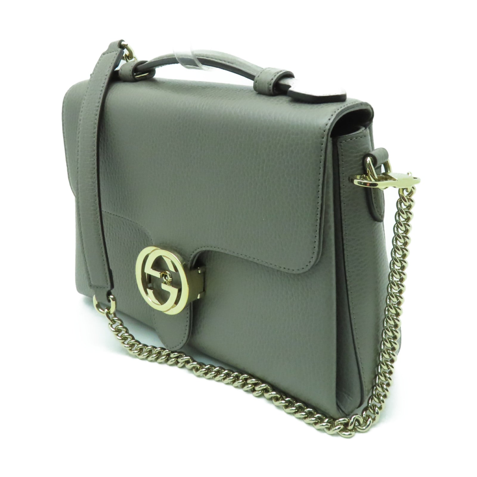 GUCCI 牛皮皮革Shoulder Bag銀扣鏈帶肩背袋灰色
