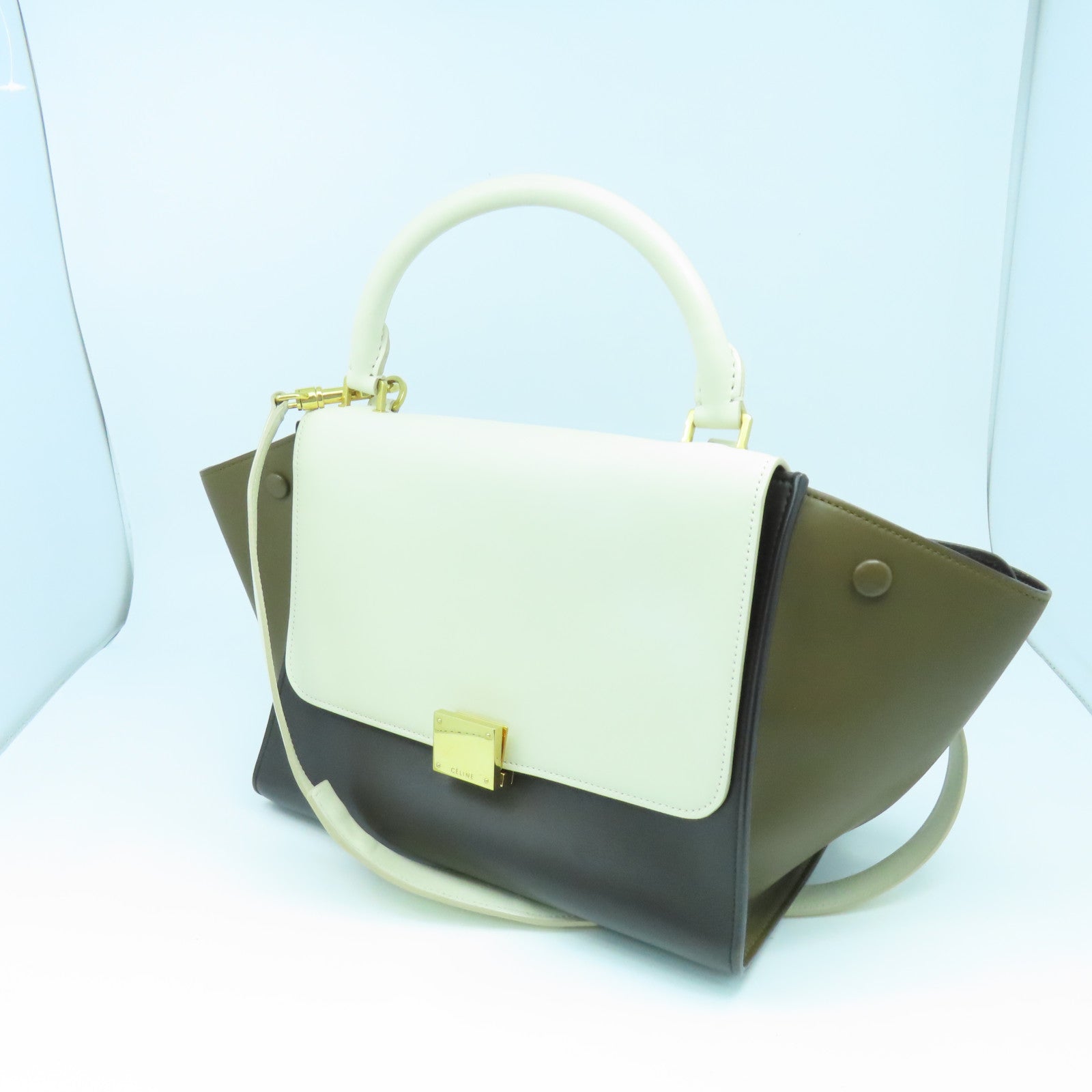 CELINE 【激減優惠】牛皮皮革Trapeze金扣手挽肩背兩用袋棕色/白色/黑色