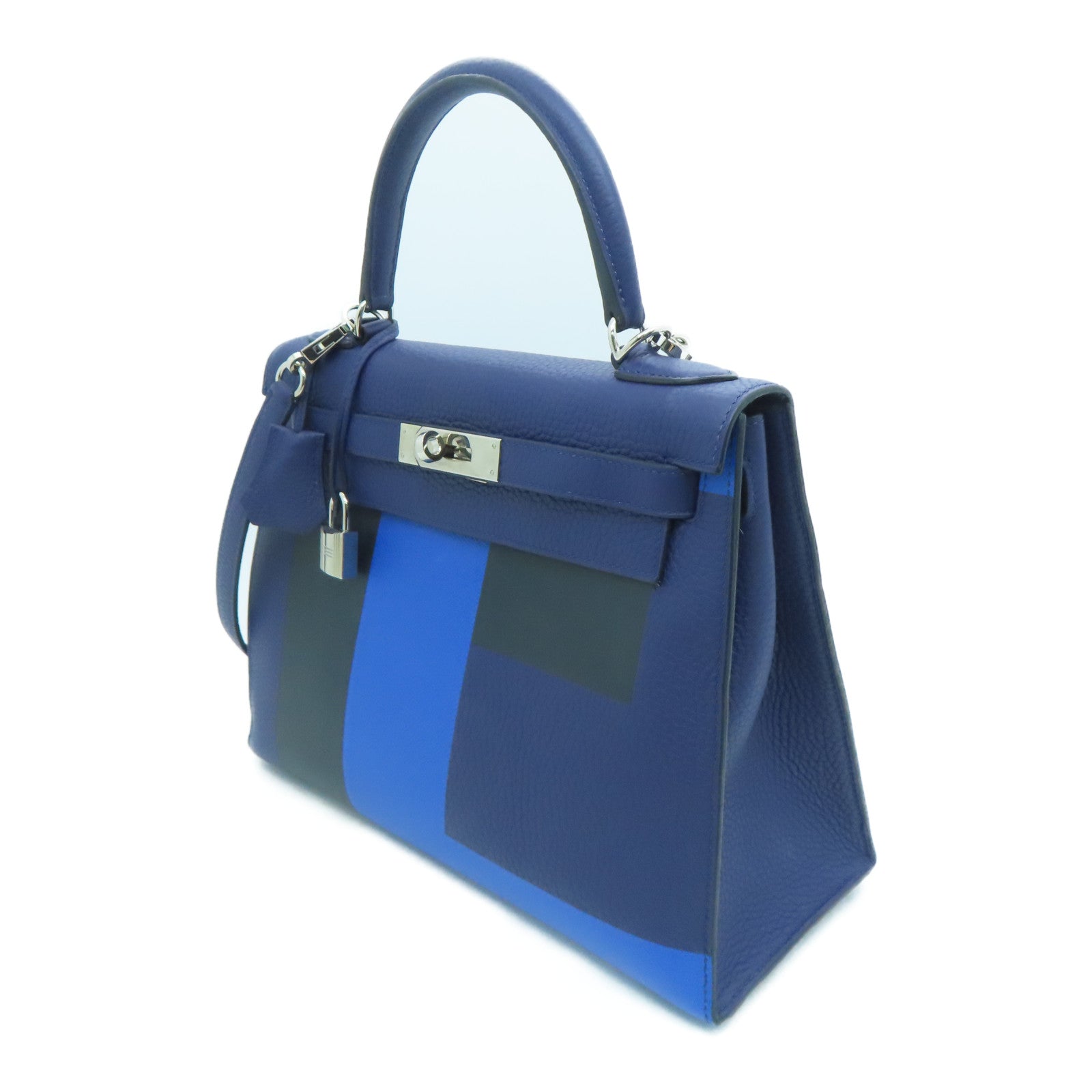 HERMES 【激減優惠】Clemence皮革Kelly 28 Lettre E銀扣手挽肩背兩用袋Zellige/Encre/Obscur
